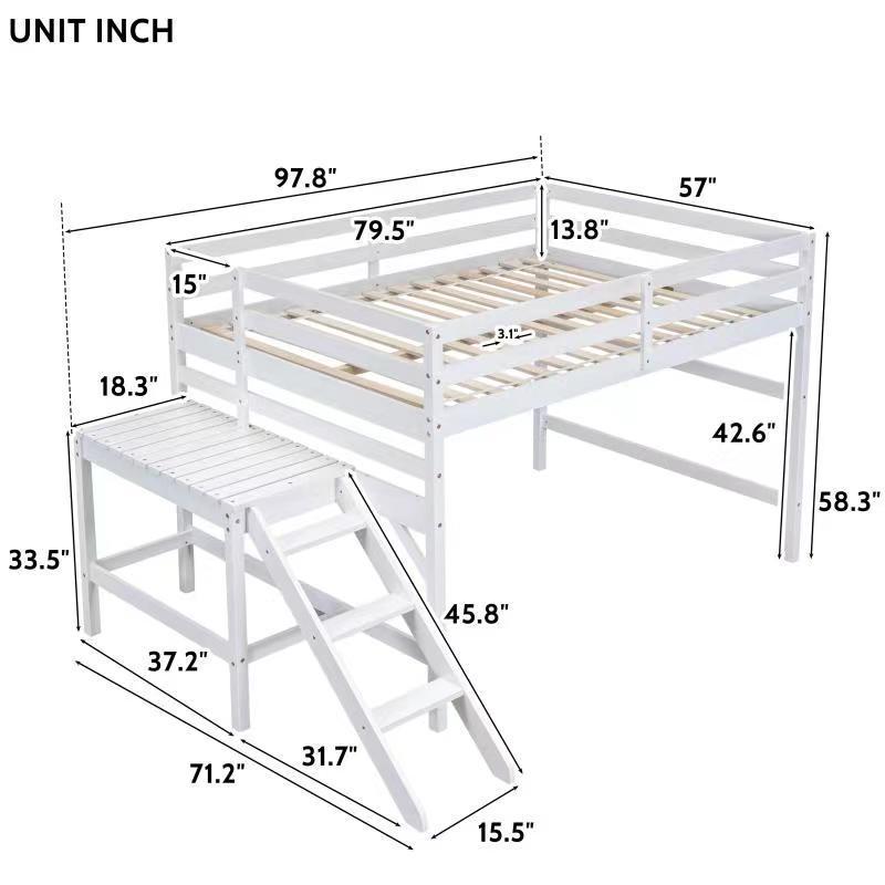 Full Loft Bed with Platform,ladder,White