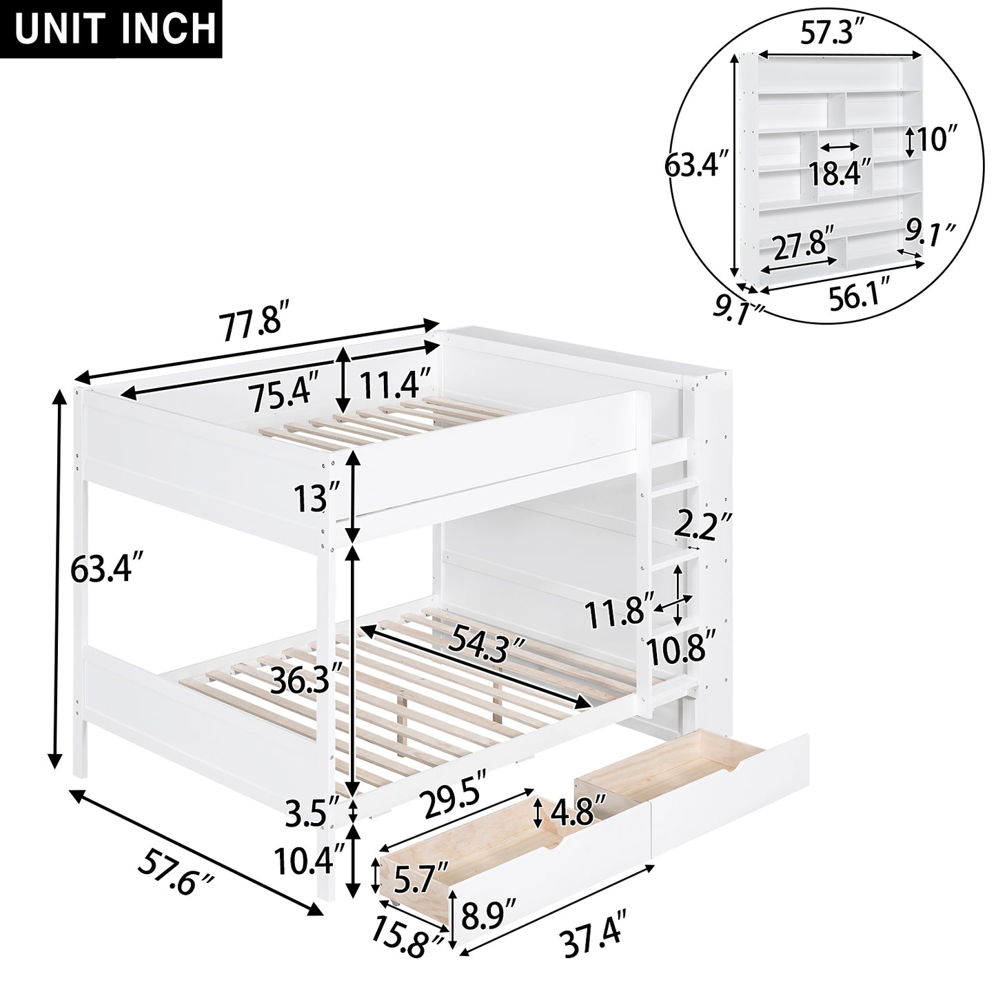 White Full over Full Bunk Bed with Bonus Storage and Multi-layer Cabinet