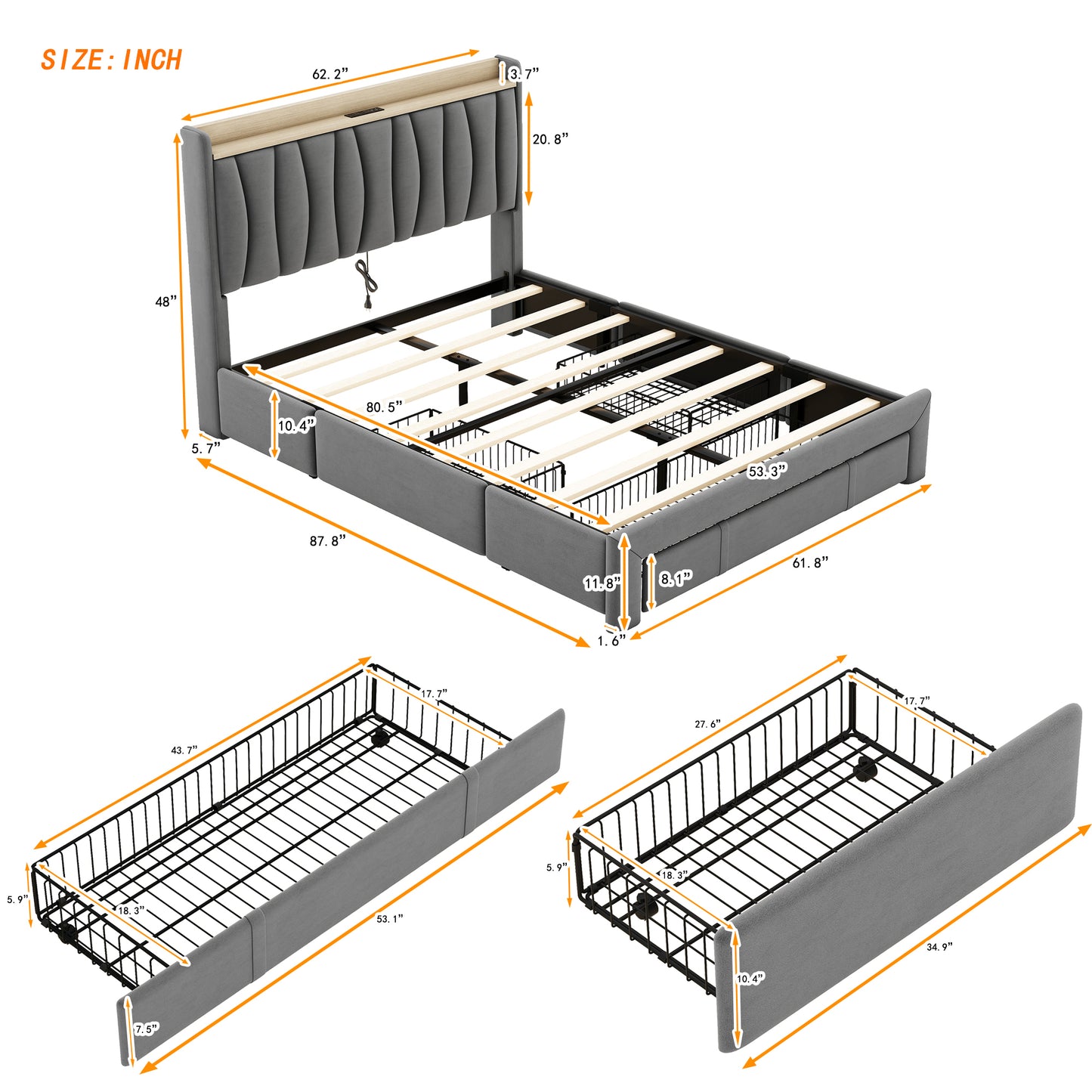 Queen Size Bed Frame with Storage Headboard and Charging Station, Upholstered Platform Bed with 3 Drawers, No Box Spring Needed, Dark Gray