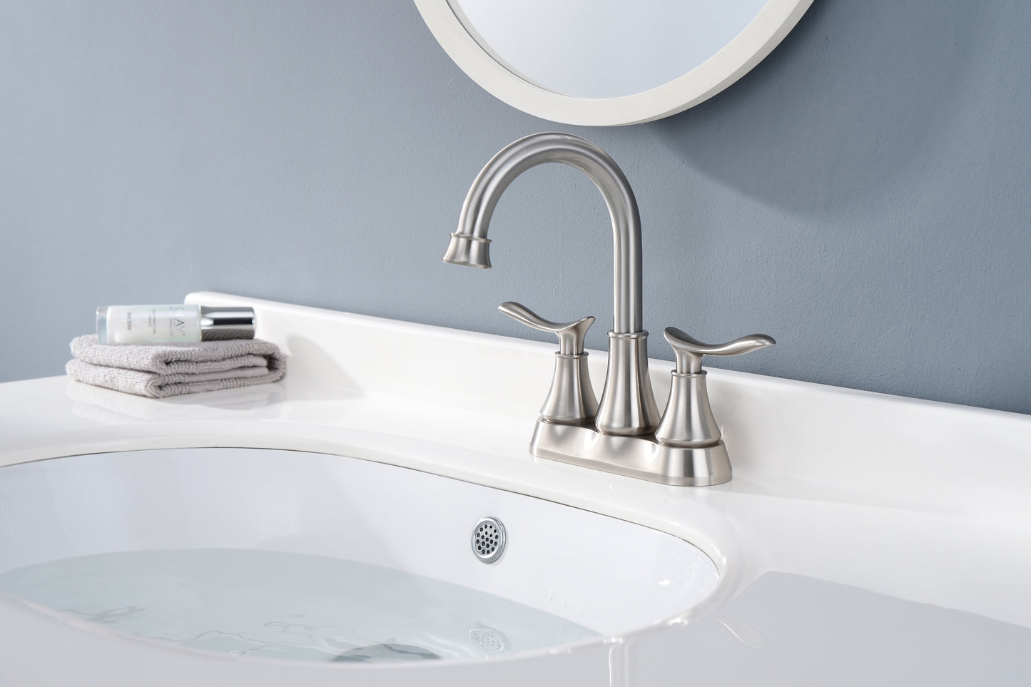 Brushed Nickel 2-Handle Bathroom Faucet with Pop-up Drain and Supply Hoses