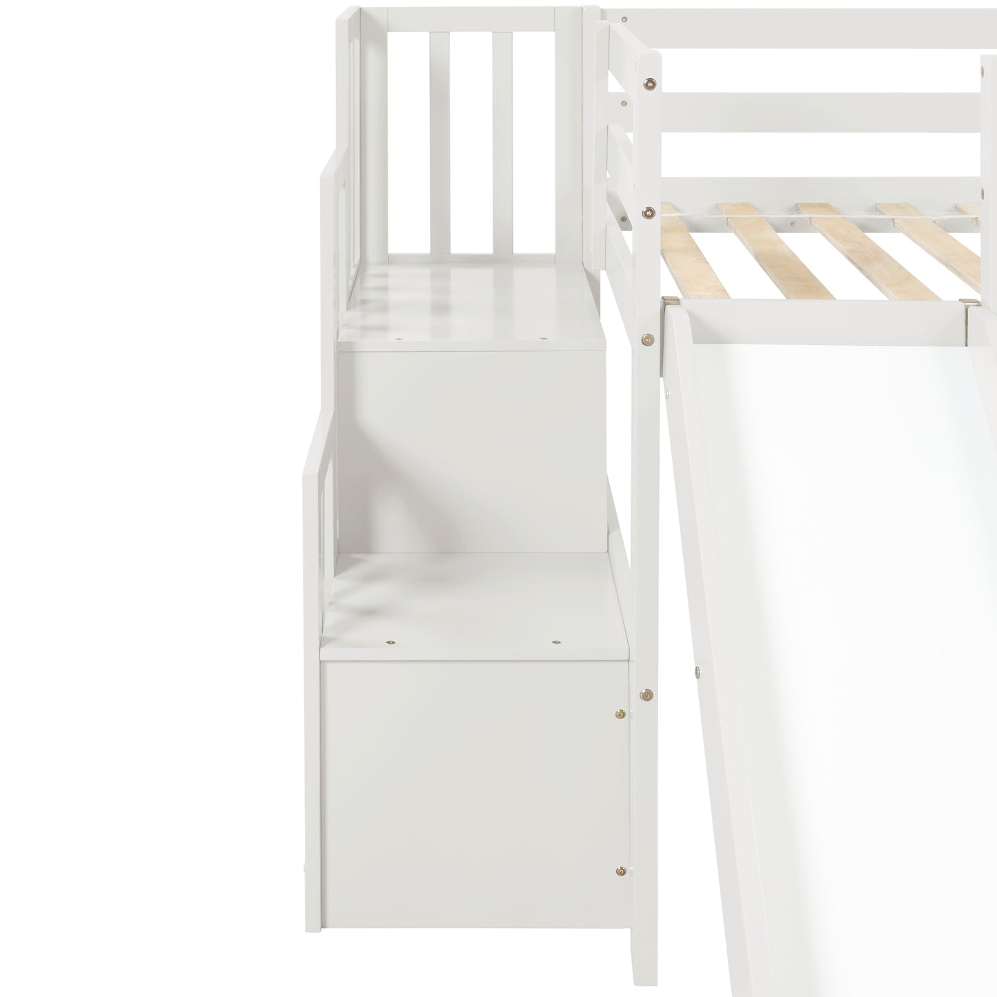 Loft Bed with Staircase, Storage, Slide, Twin size, Full-length Safety Guardrails, No Box Spring Needed, White