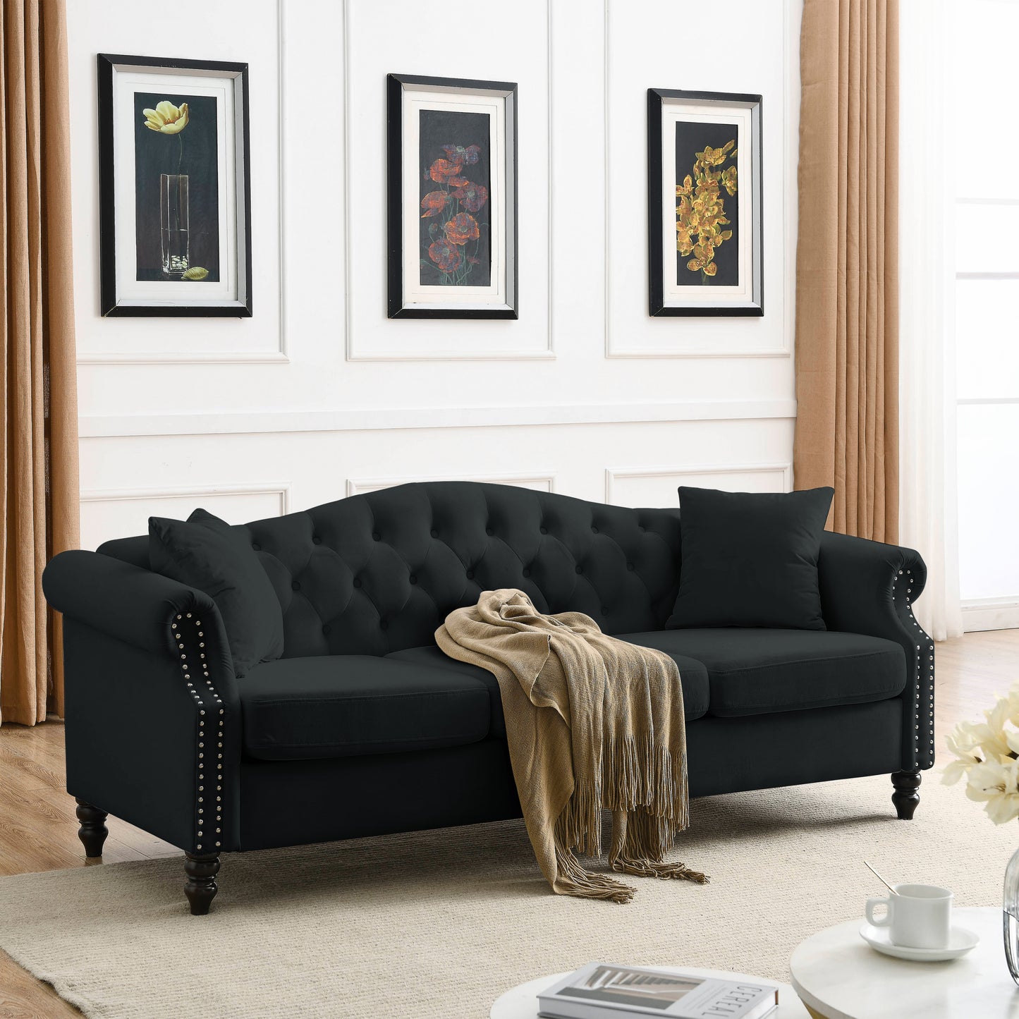 [Video] 79" Chesterfield Sofa Black Velvet for Living Room, 3 Seater Sofa Tufted Couch with Rolled Arms and Nailhead for Living Room, Bedroom, Office, Apartment, 3S+3S