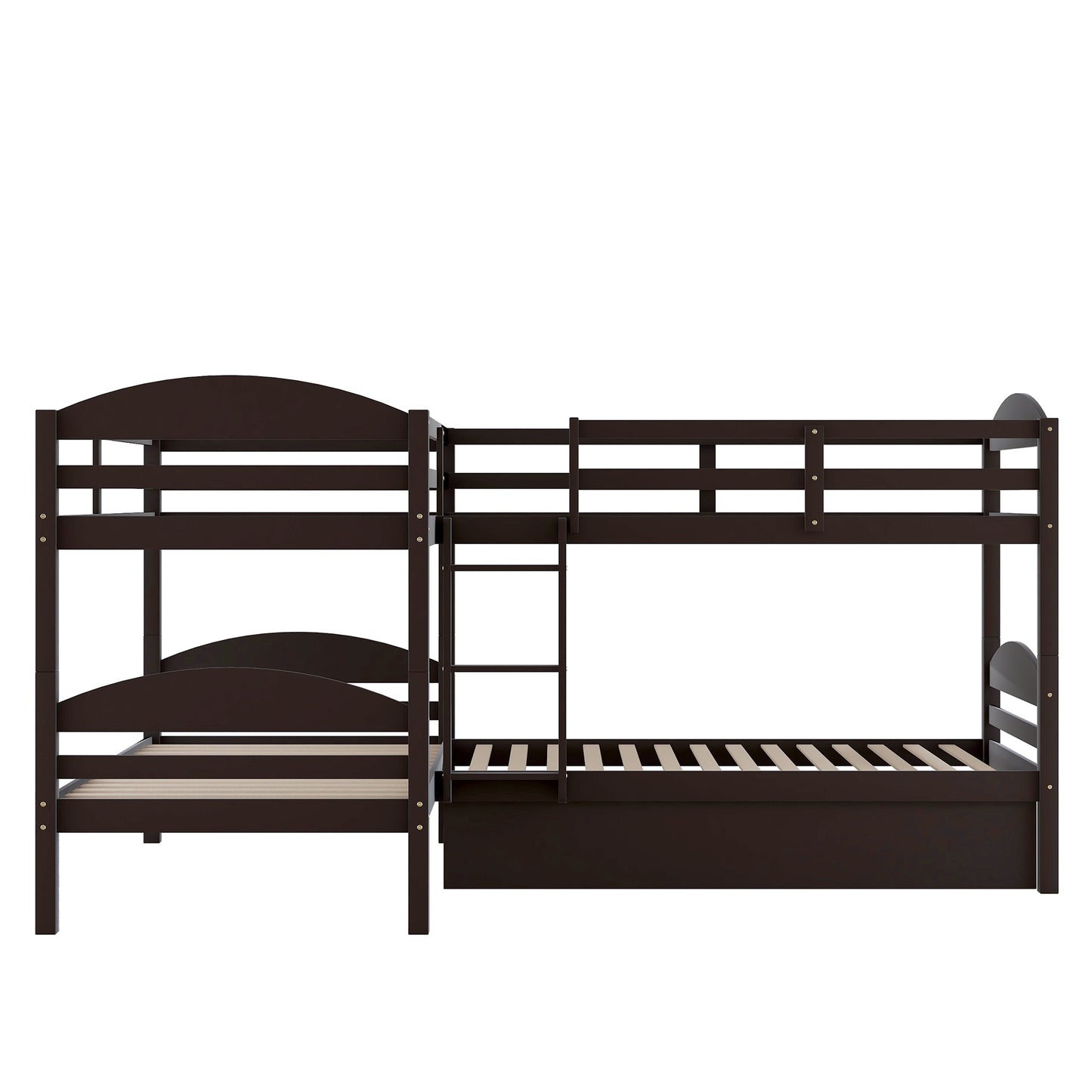 L-Shaped Bunk Bed with Trundle in Espresso Finish - Space-Saving Twin Bed Set for Families and Sleepovers