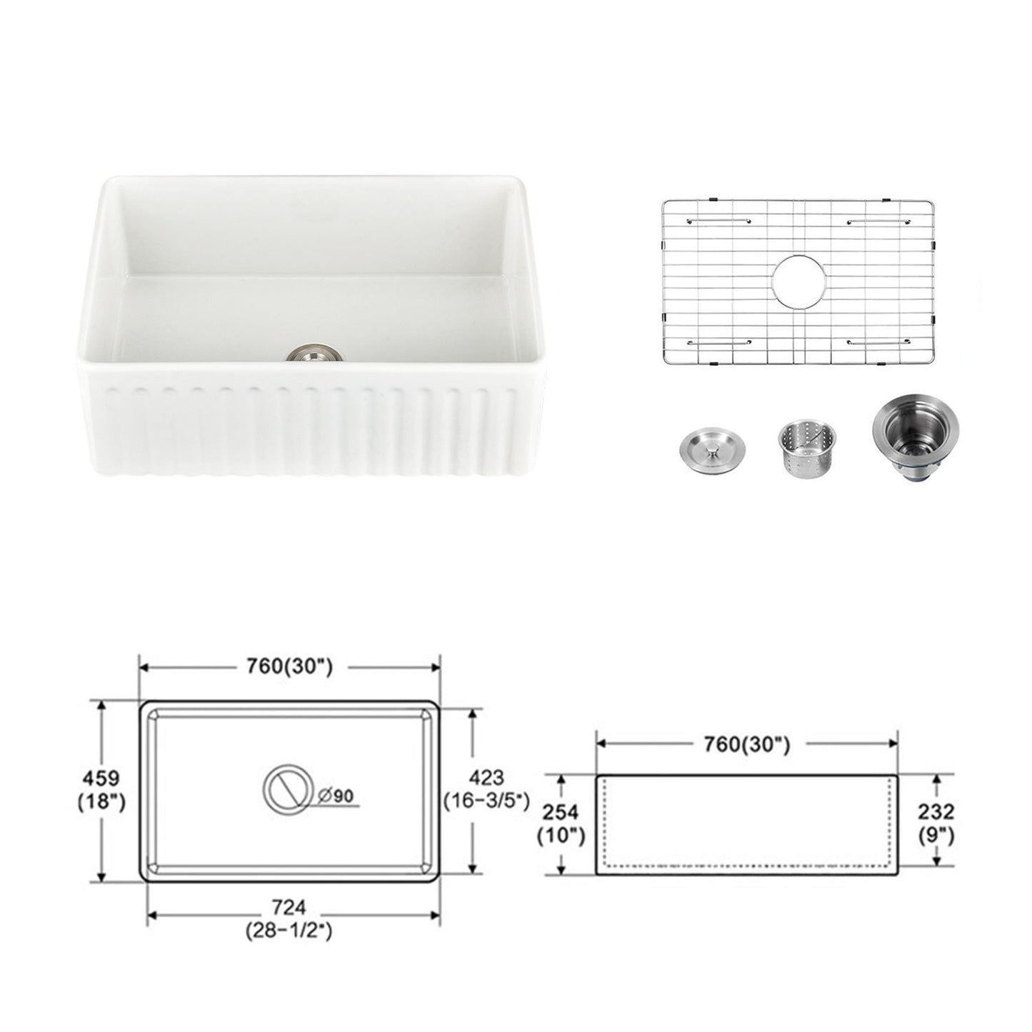 Stunning 30 L X 18 W Fireclay Farmhouse Kitchen Sink with Grid and Strainer