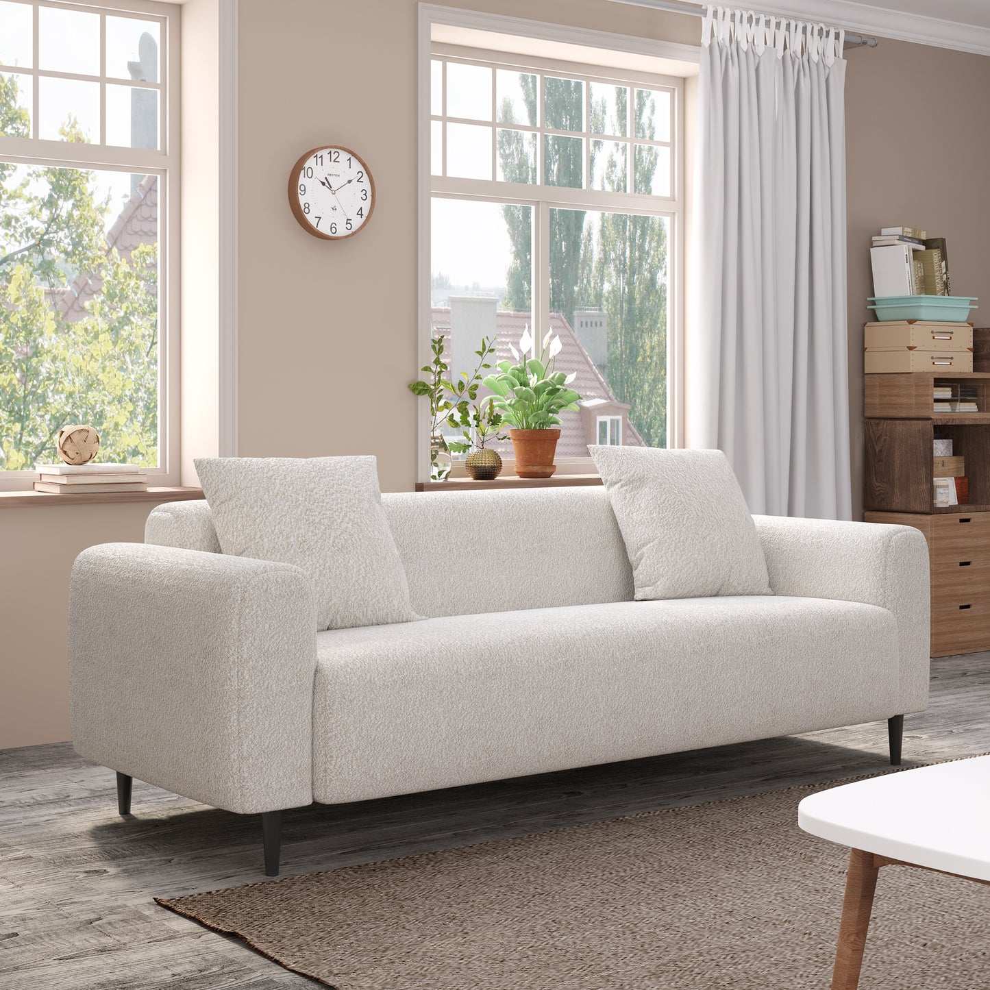 Spacious 77.2″ Modern Two-Seat Sofa in White Mohair Granular Velvet