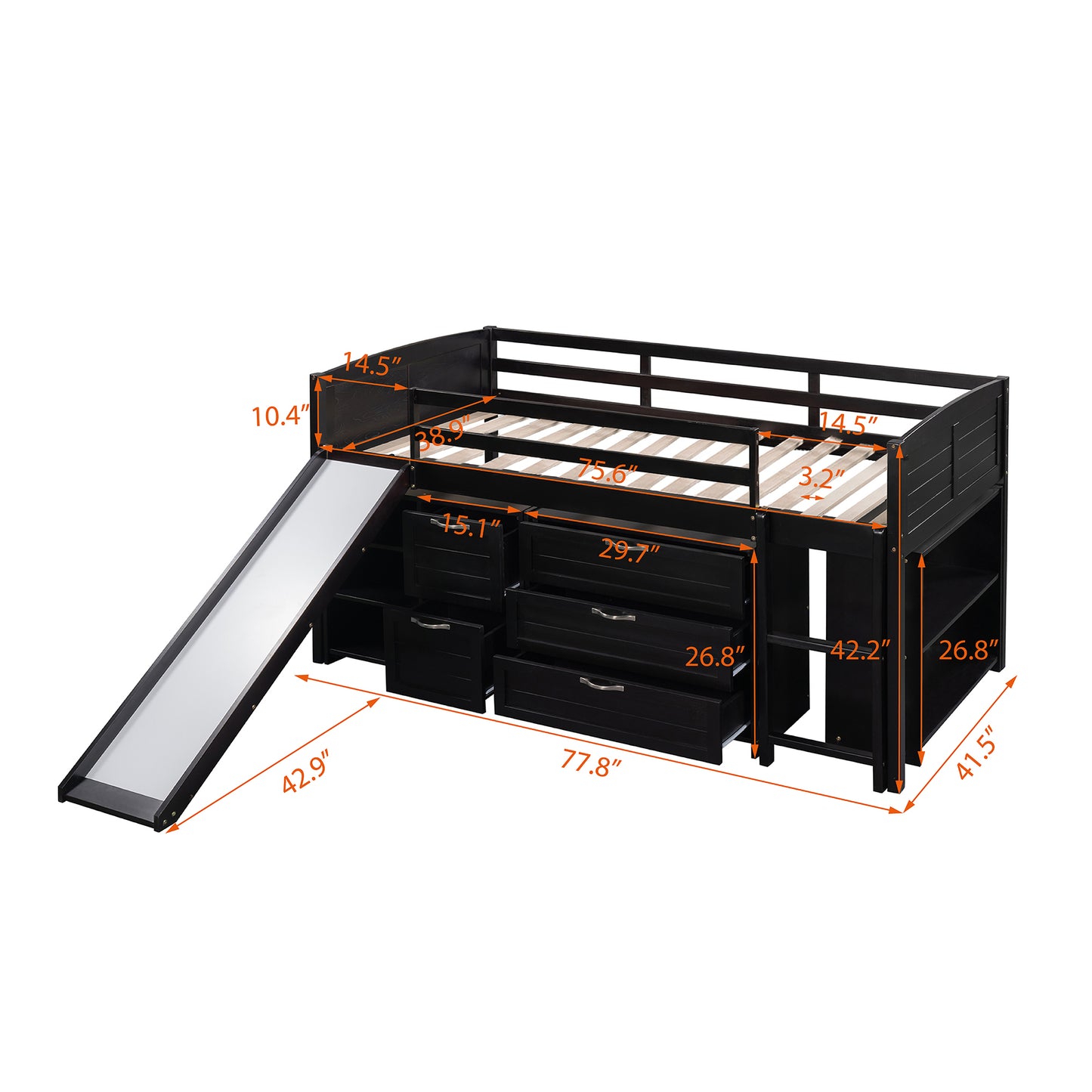 Low Twin Size Loft Bed with Cabinets, Shelves and Slide - Espresso