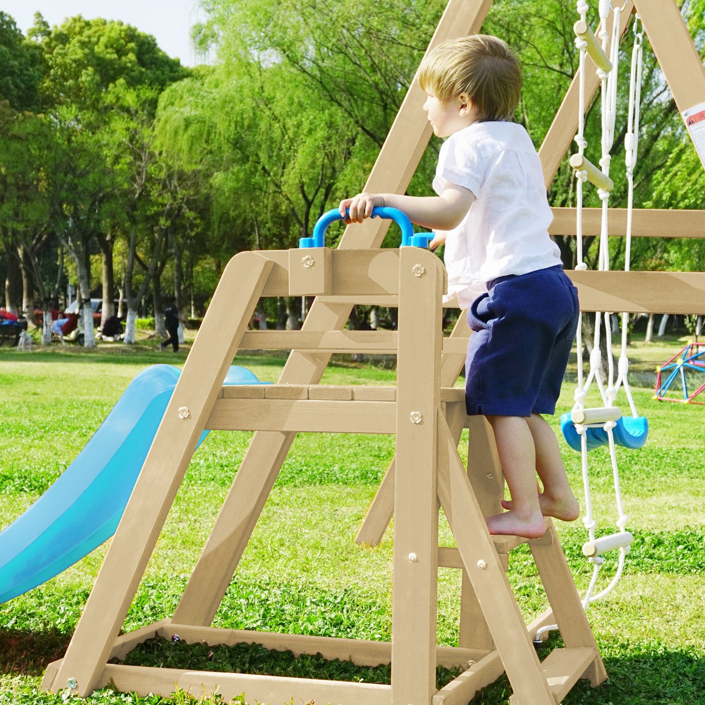 Wooden Swing Set with Slide and Climbing Rope Ladder for Toddler and Kids