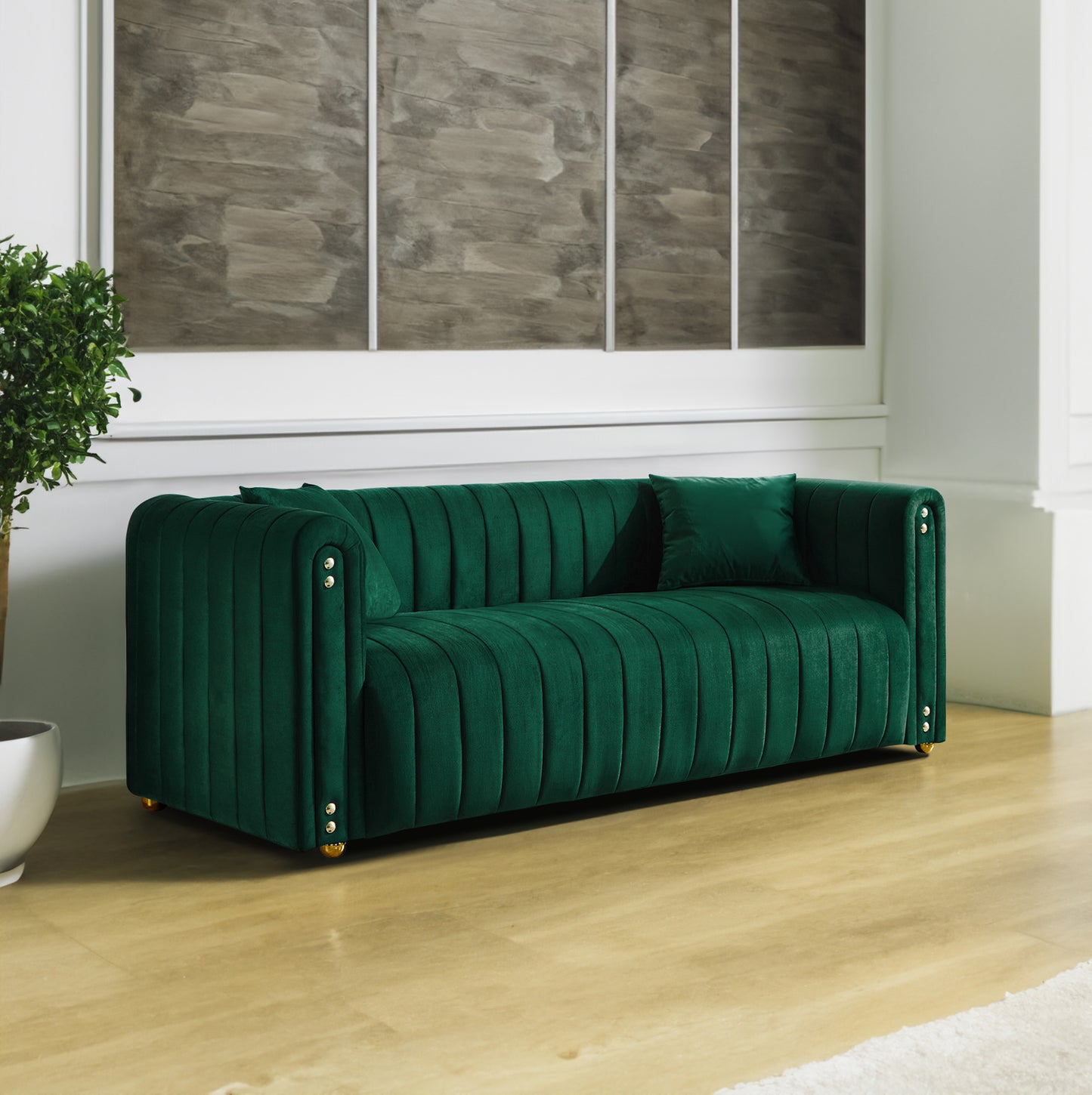 Sumptuous Green Velvet Sofa with Vertical Channel Tufting - 79.92 Comfortable Living Room Couch