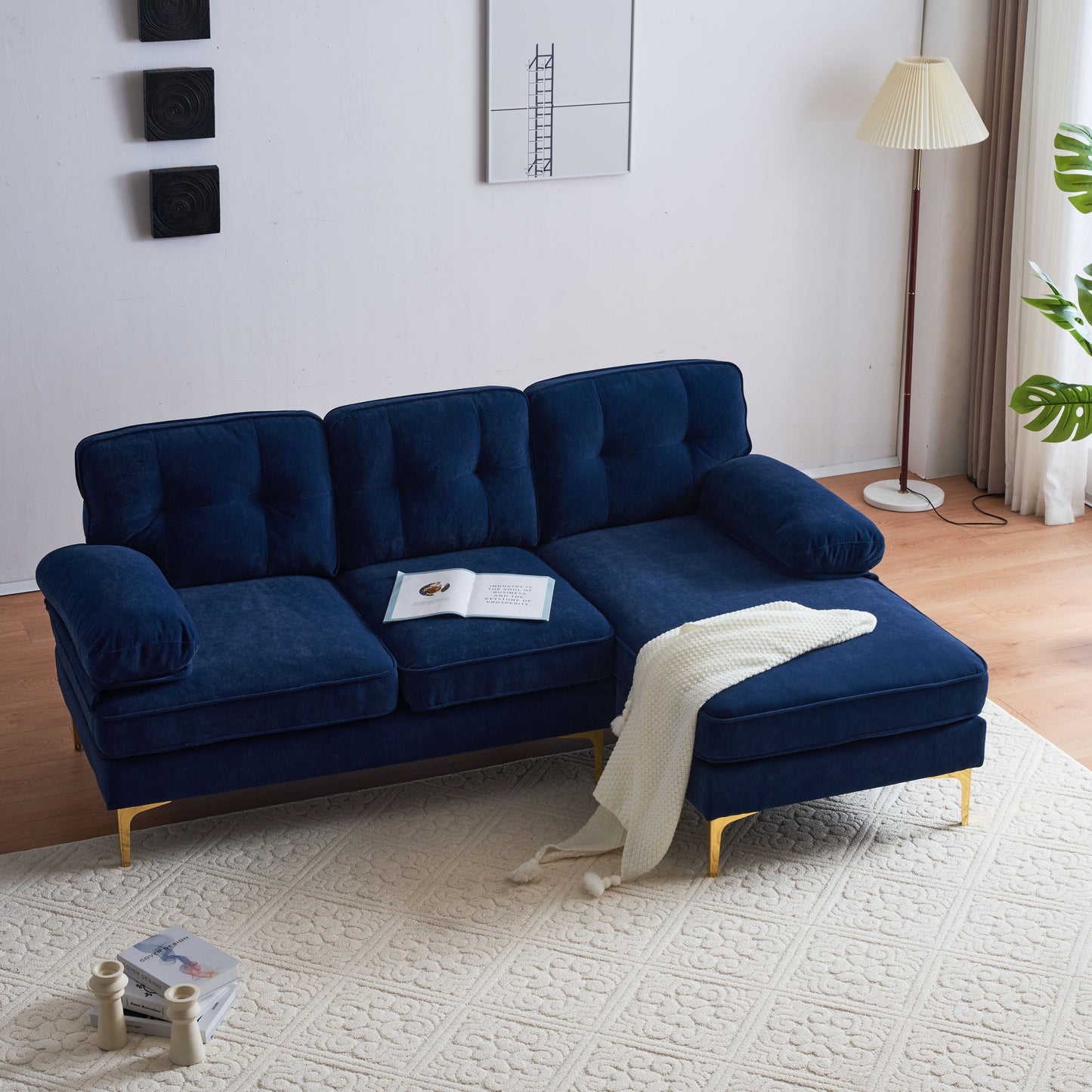 83 Blue Velvet L-Shaped Sectional Sofa with Mid-Century Modern Vibes