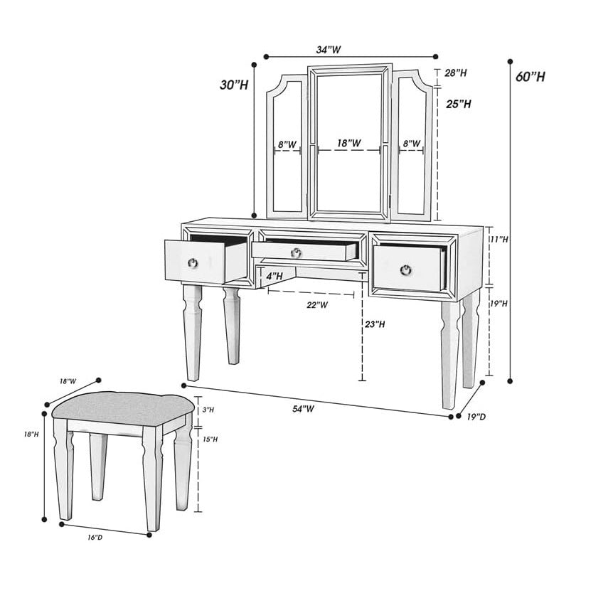 Luxurious Majestic Classic Silver Color Vanity Set w Stool 3- Storage Drawers 1pc Bedroom Furniture Set Tri-Fold Mirror