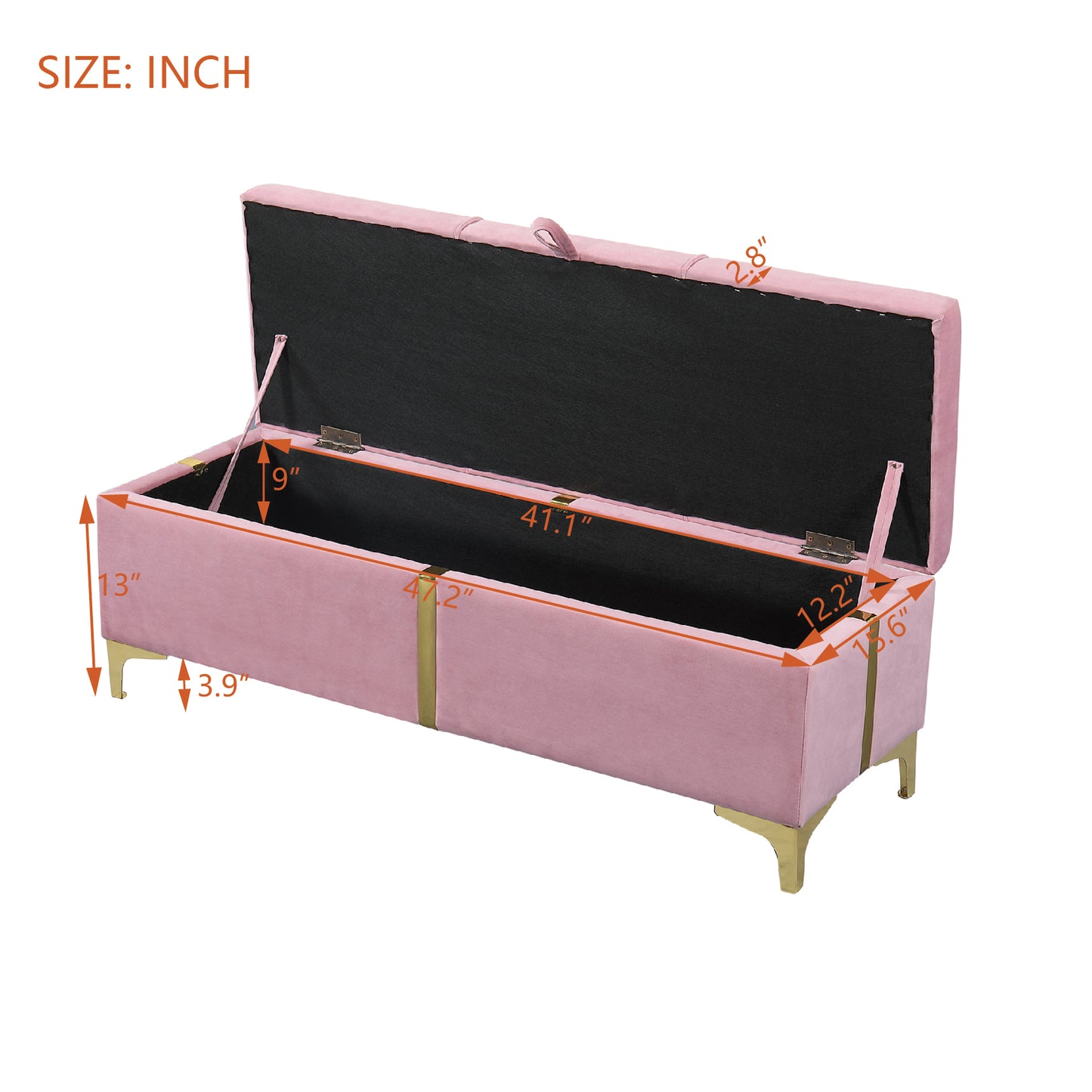 Elegant Upholstered Storage Ottoman,Storage Bench with Metal Legs for Bedroom,Living Room,Fully Assembled Except Legs,Pink