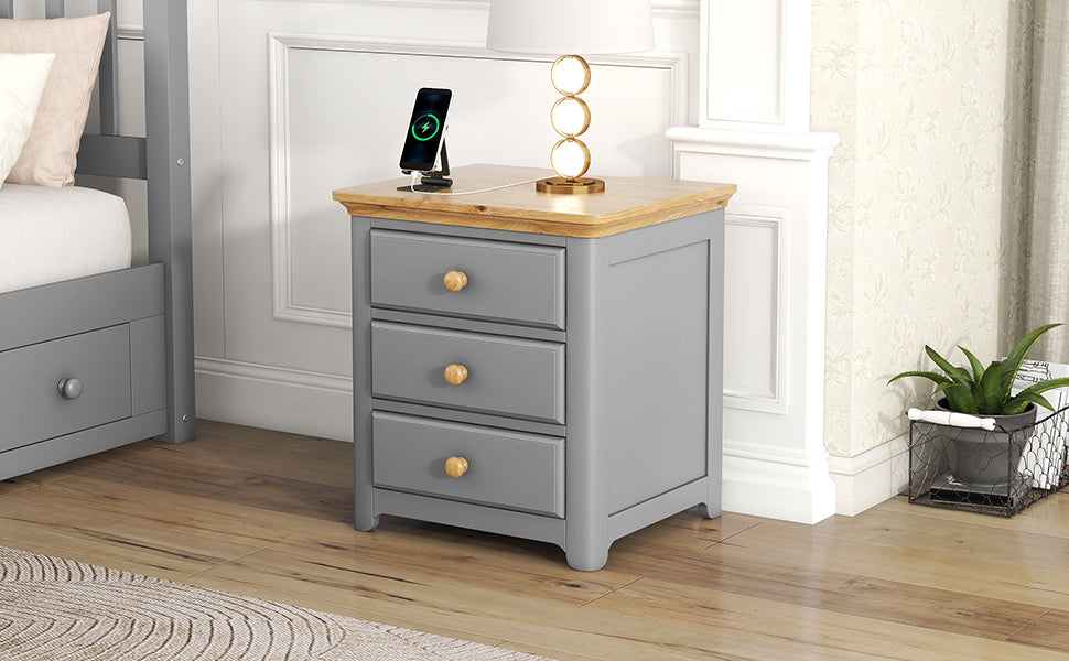 Wooden Nightstand with USB Charging Ports and Three Drawers,End Table for Bedroom,Gray+Natrual