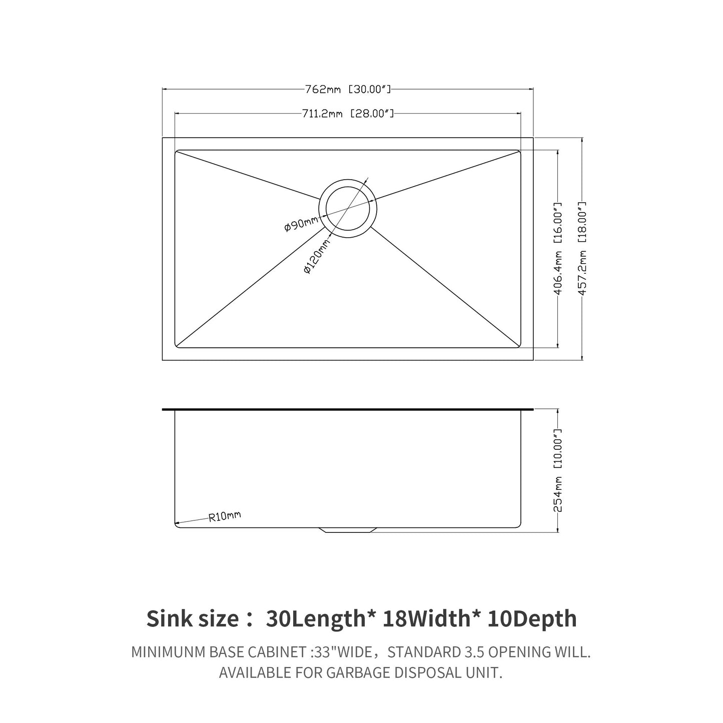 Gunmetal Black 30 Undermount Kitchen Sink - SUS304 Stainless Steel Single Bowl 10 Deep Sink