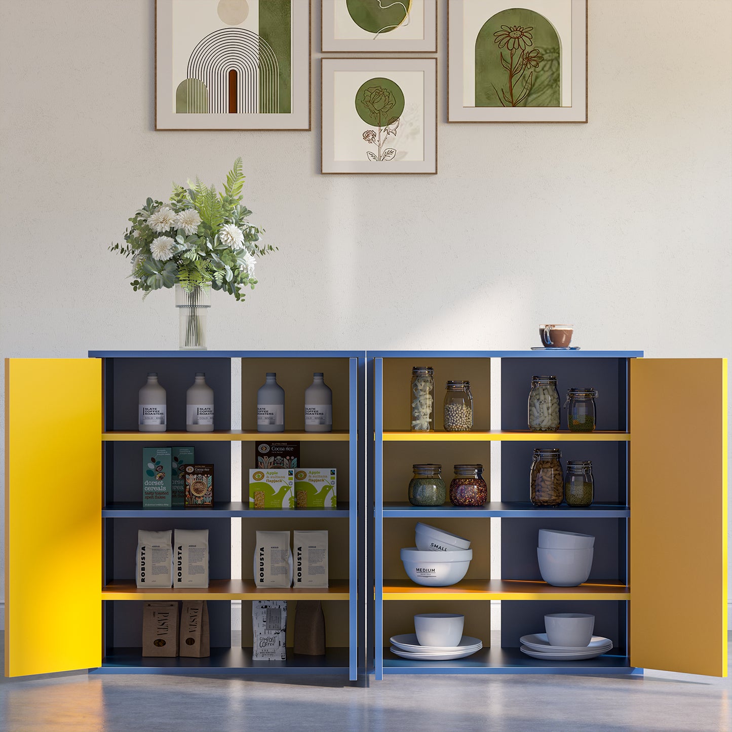 Cabinet for Storage and Coffee Bar, Modern Style, Large Capacity, Yellow & Blue