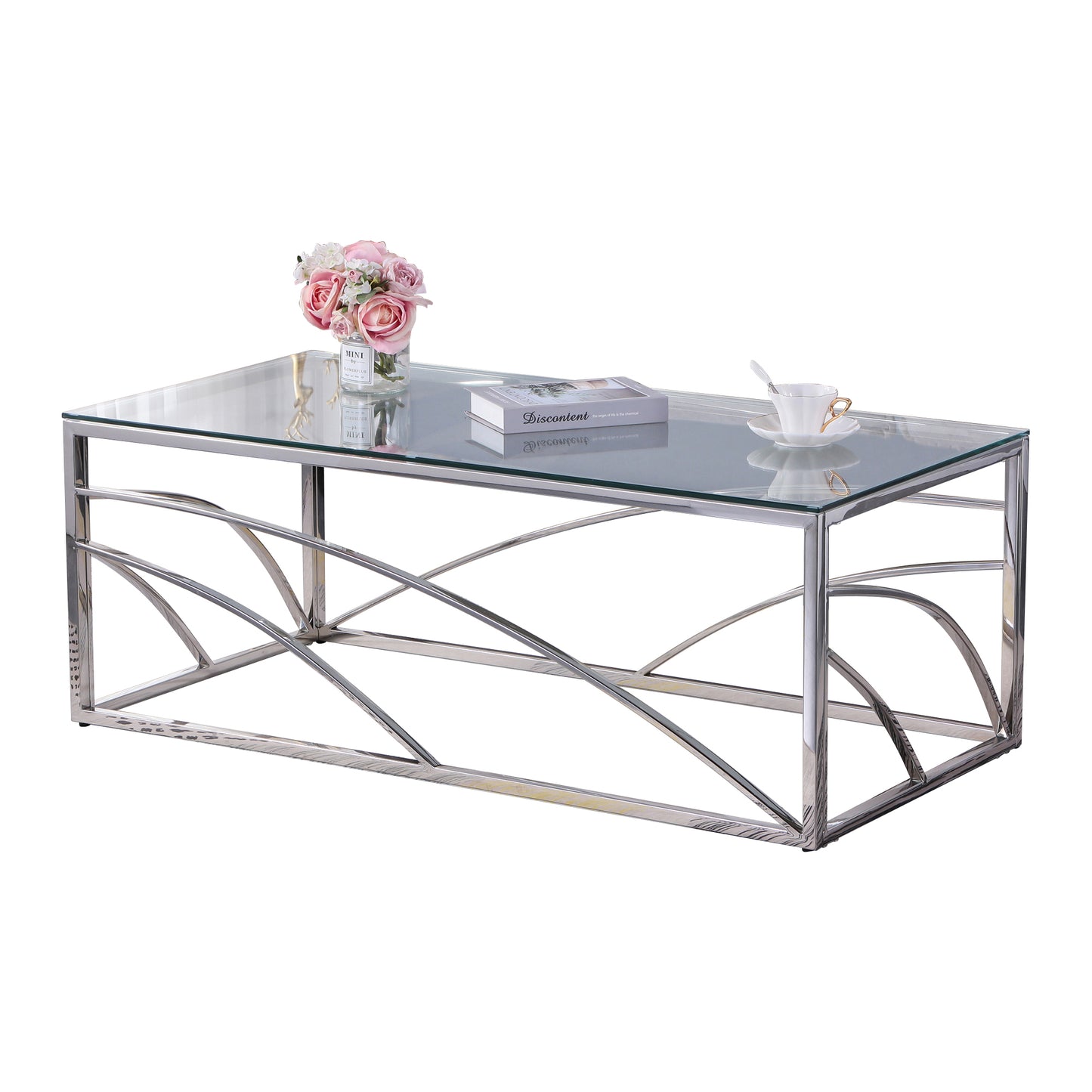 Modern Silver Stainless Steel Glass Coffee Table for Living Room