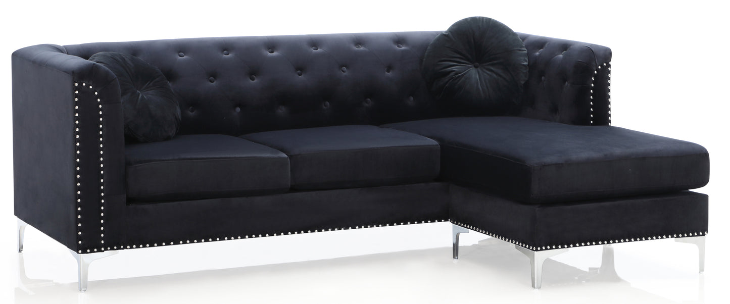 Elegant Black Velvet Sofa Chaise with Chrome Accents