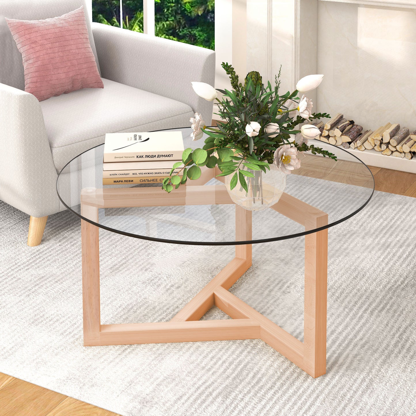 Modern Round Glass Coffee Table with Wood Base - Natural