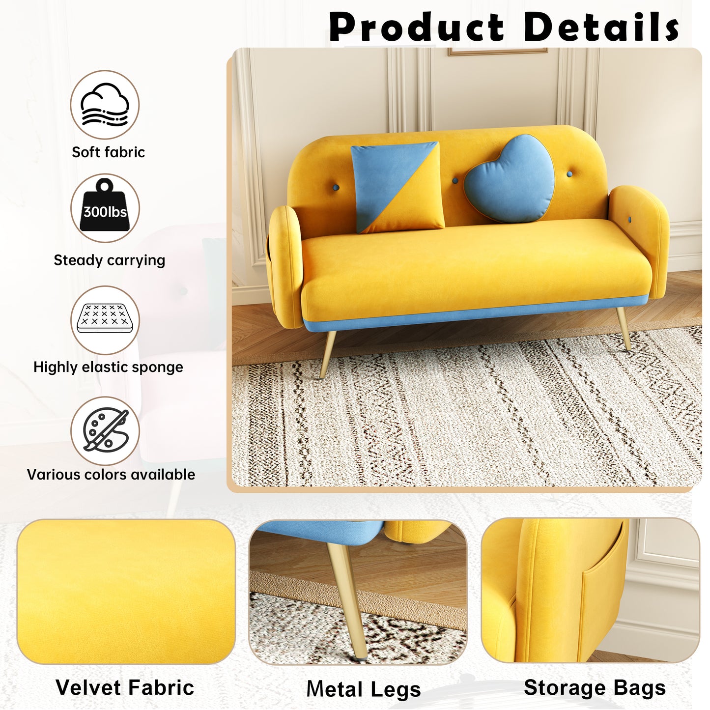 Yellow Velvet Sofa with Two Pillows for Small Spaces