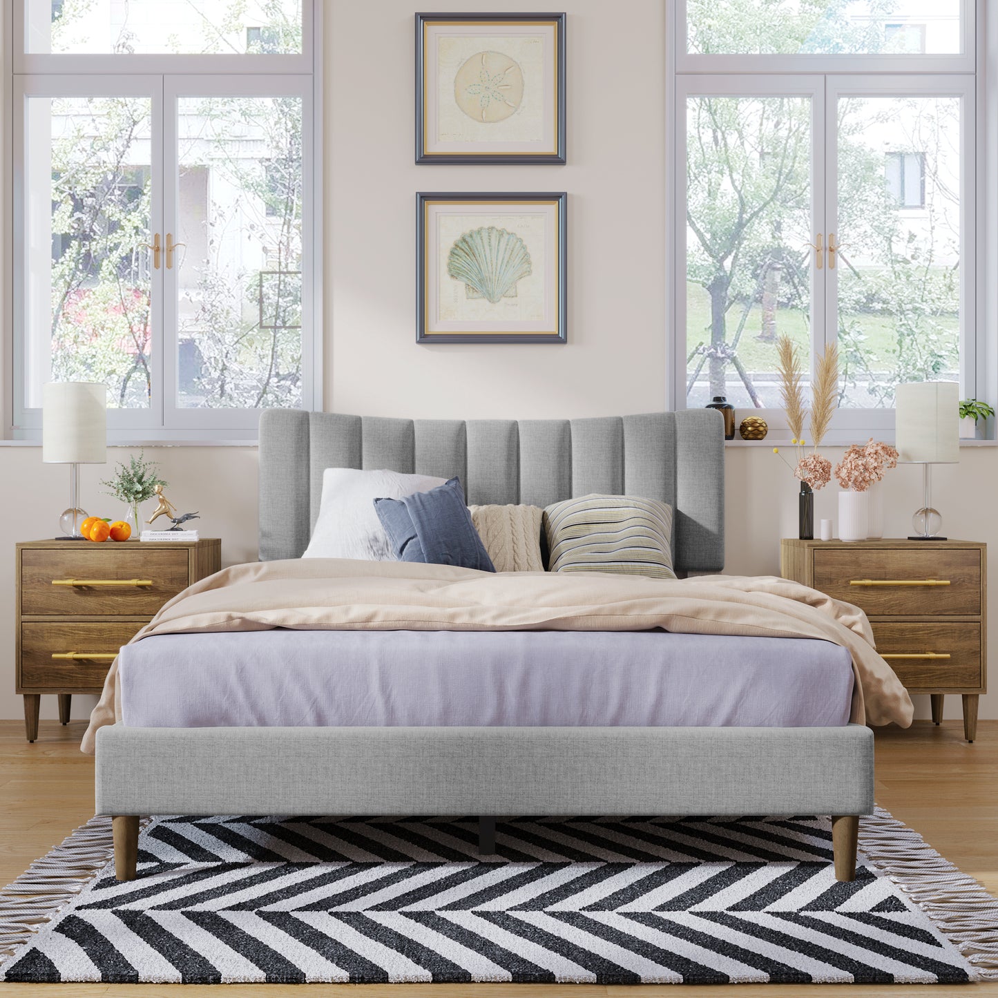 Upholstered Platform Bed Frame with Vertical Channel Tufted Headboard, No Box Spring Needed, Queen,Gray