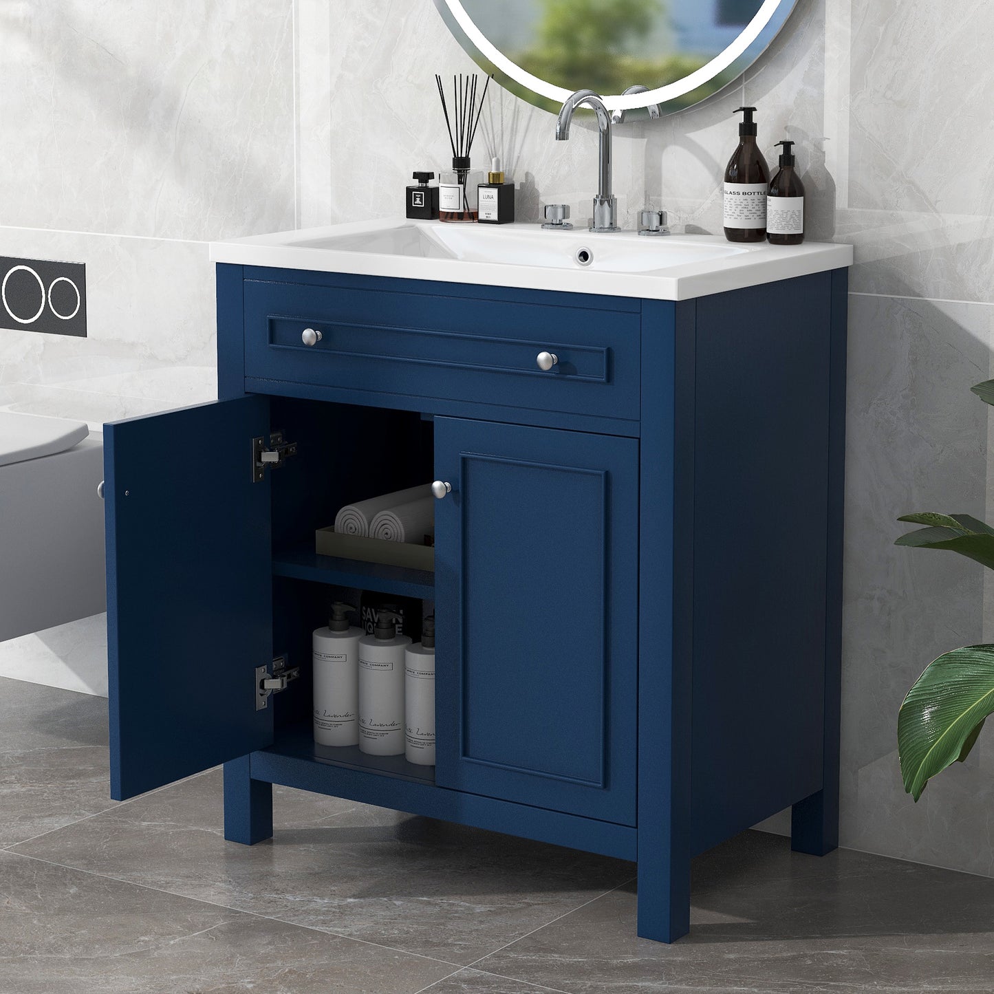 30" Bathroom Vanity Cabinet with Sink Top, Bathroom Storage Cabinet with Two Doors and Adjustable Shelf, Blue