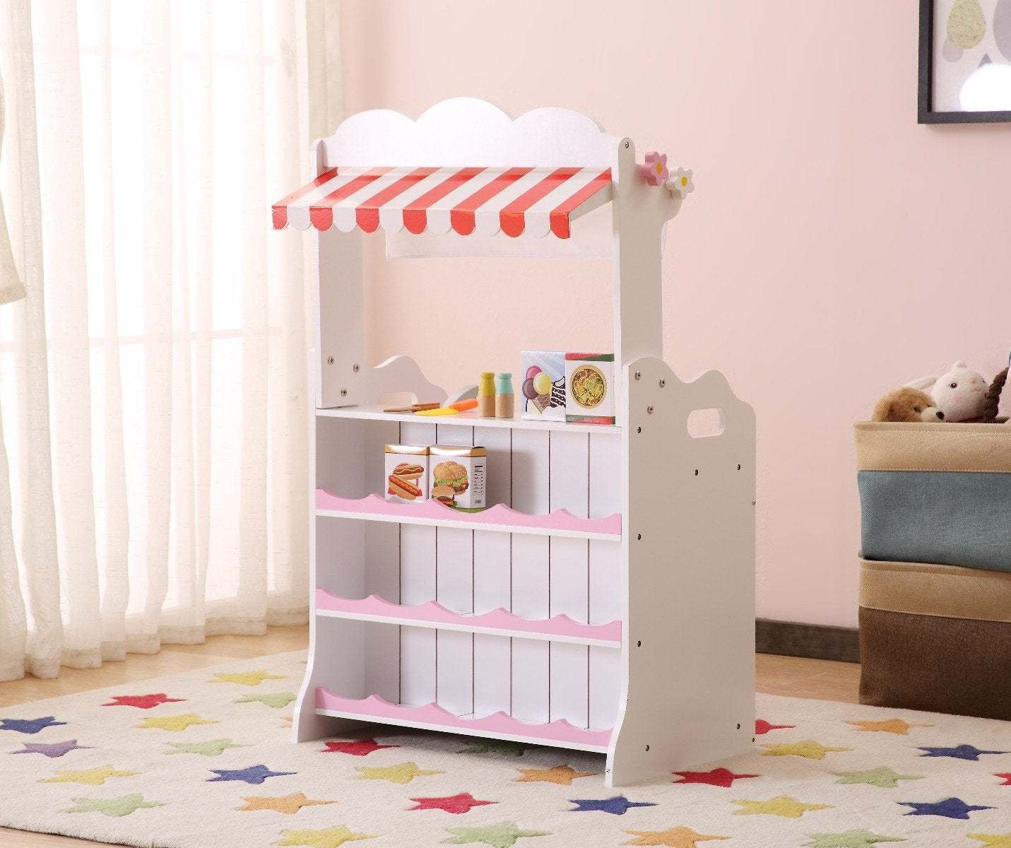 Pretend Kitchen and Market Stall - Pink 2-in-1 Playset for Kids