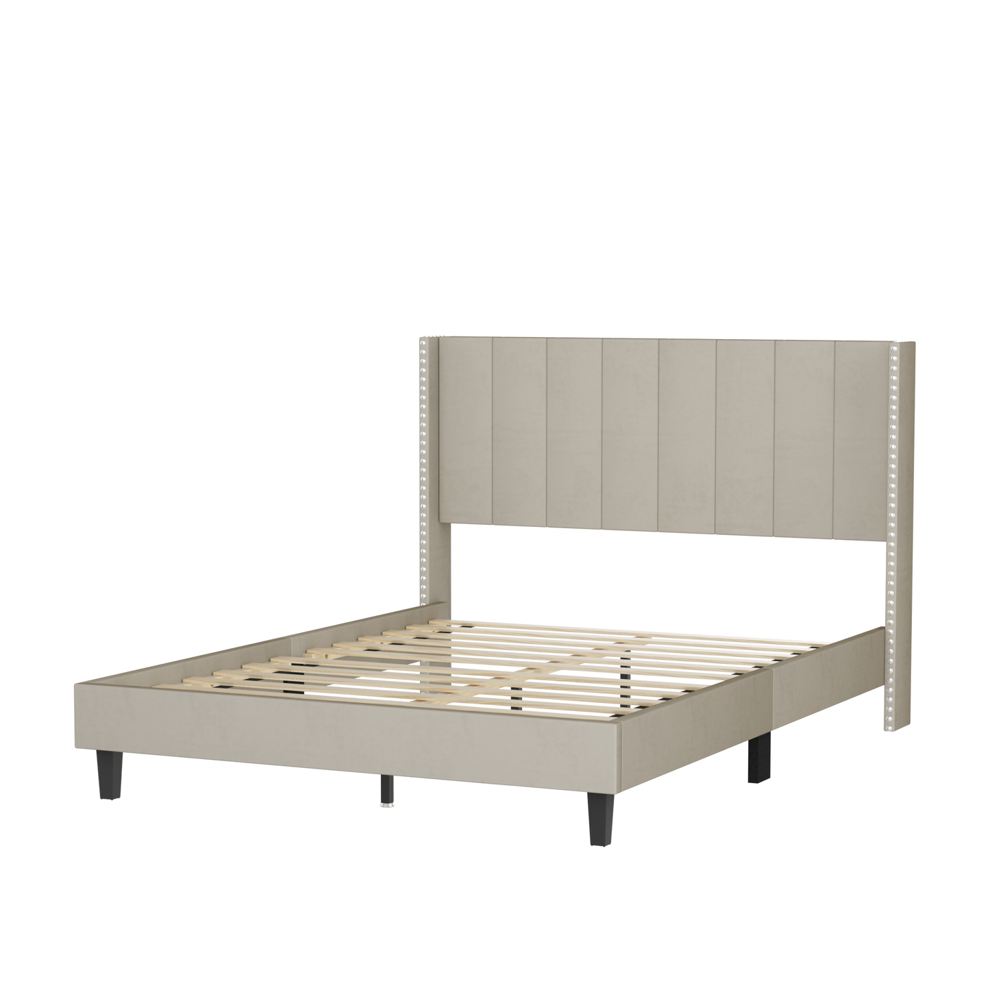 Queen Bed Frame/Velvet Upholstered Bed Frame with Vertical Channel Tufted Headboard Beige