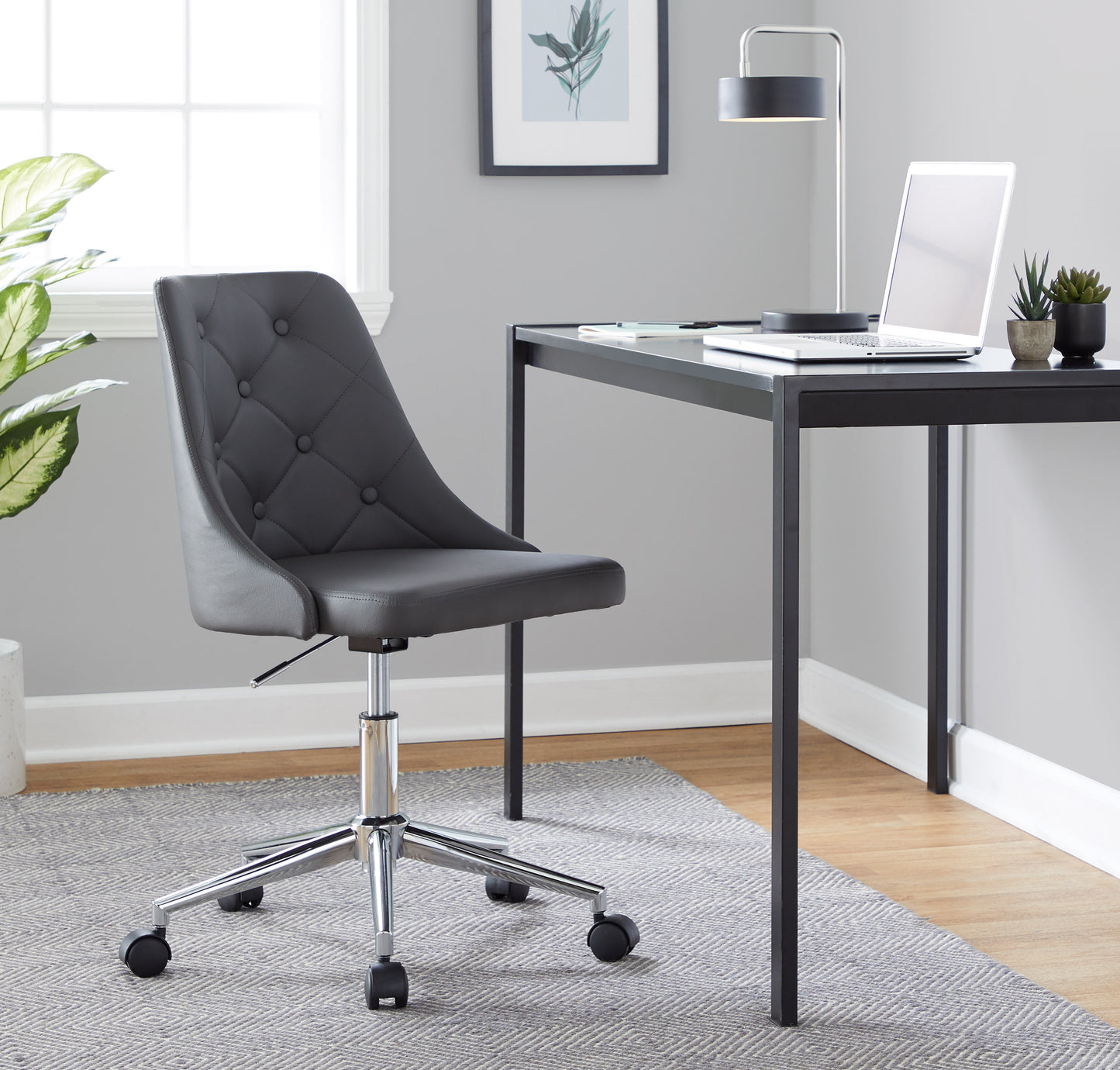 Marche Contemporary Swivel Task Chair with Casters in Chrome Metal and Grey Faux Leather by LumiSource