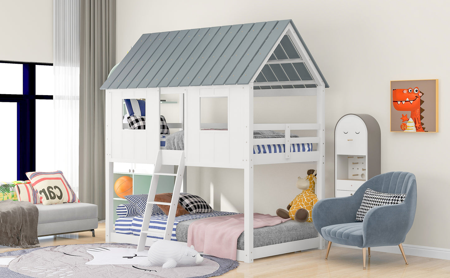 Barnyard Style White Twin Bunk Beds with Roof and Fence Guardrail