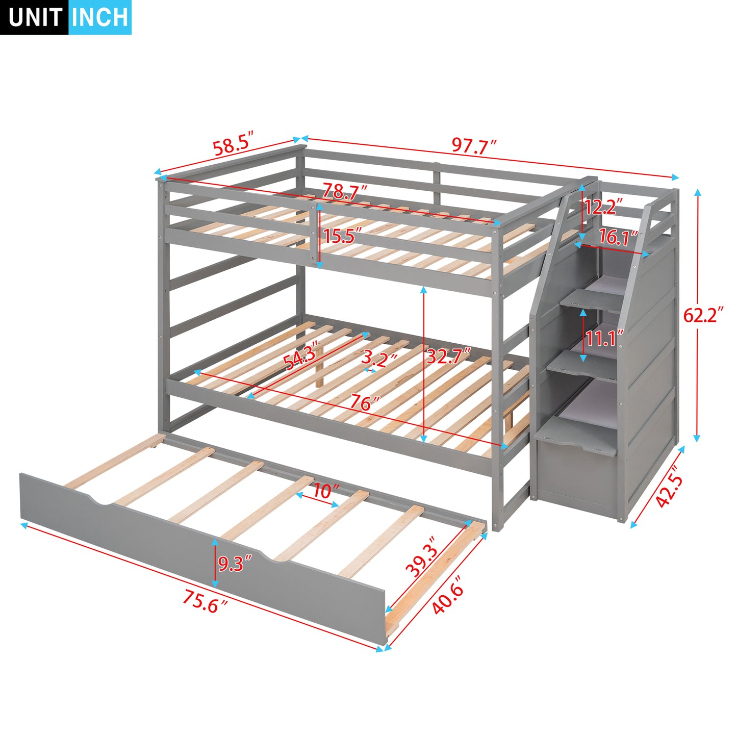 Gray Full Bunk Bed with Trundle and 3 Storage Stairs