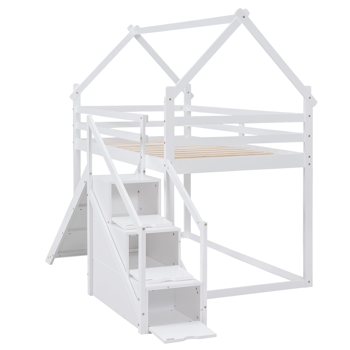 White Twin over Twin House Loft Bunk Bed with Slide, Staircase, Storage, and Play Area