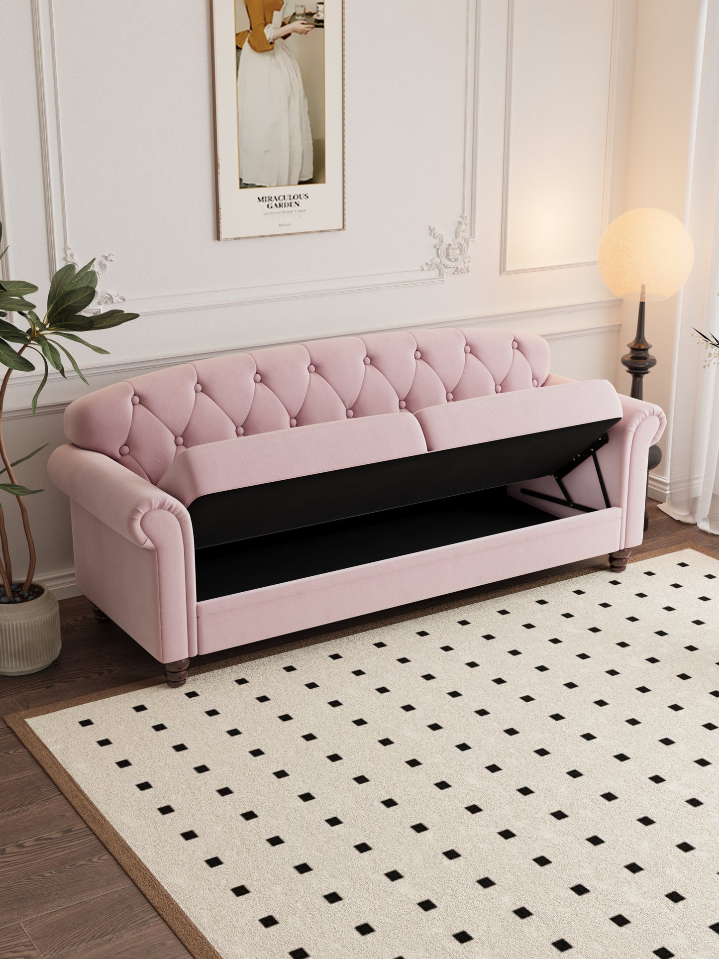 Roll-up arm double armrest backrest with buttons 81.9" pink velvet living room apartment studio sofa