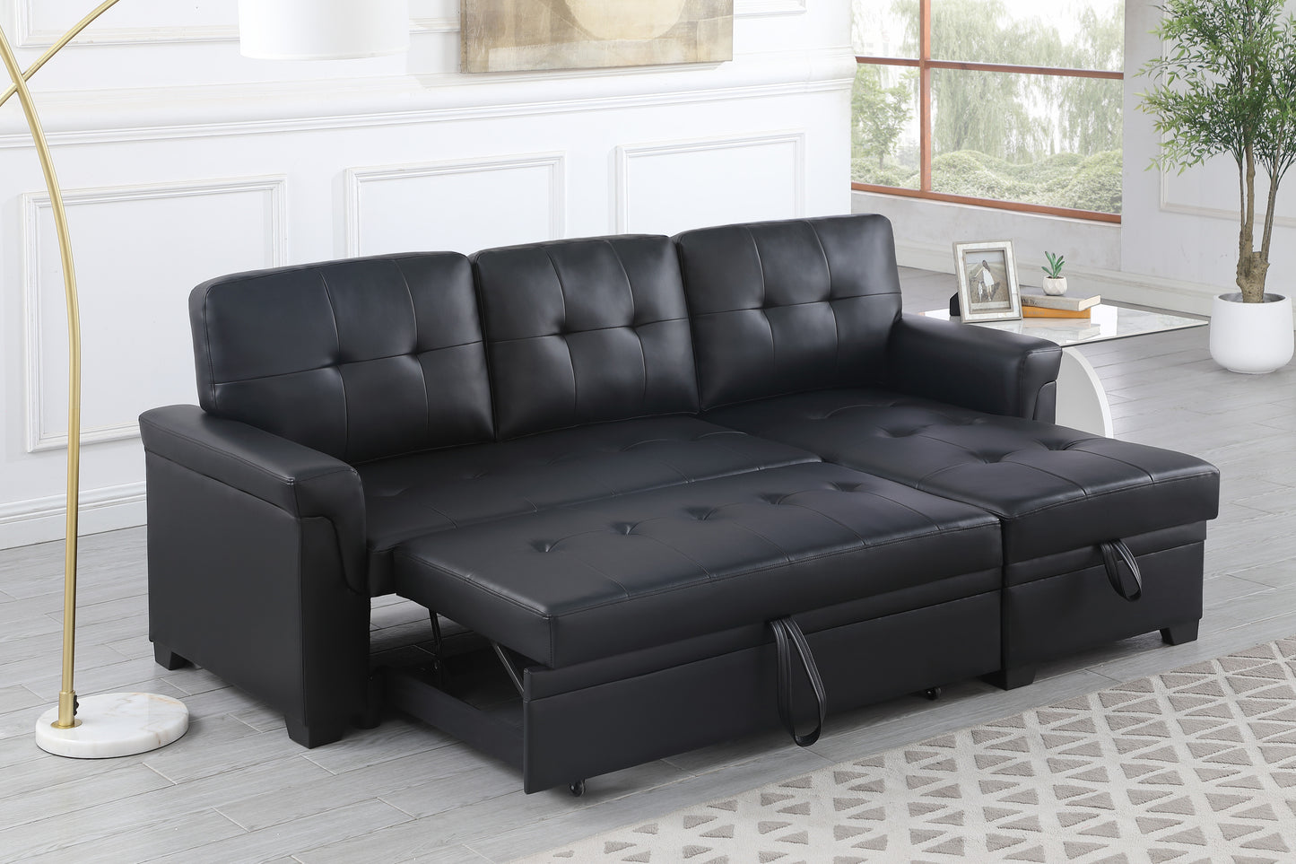 Lexi Modern Black Vegan Leather Sectional Sofa with Sleeper and Storage Chaise