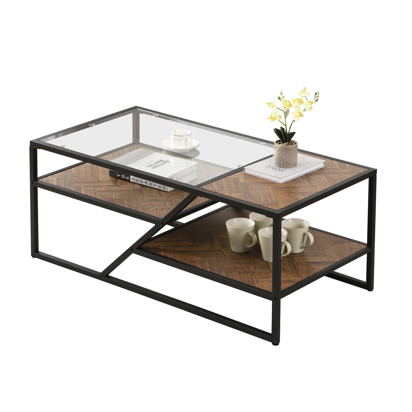 Sleek Black Coffee Table with Tempered Glass Top and Storage Shelf: Ideal for Living Room and Bedroom