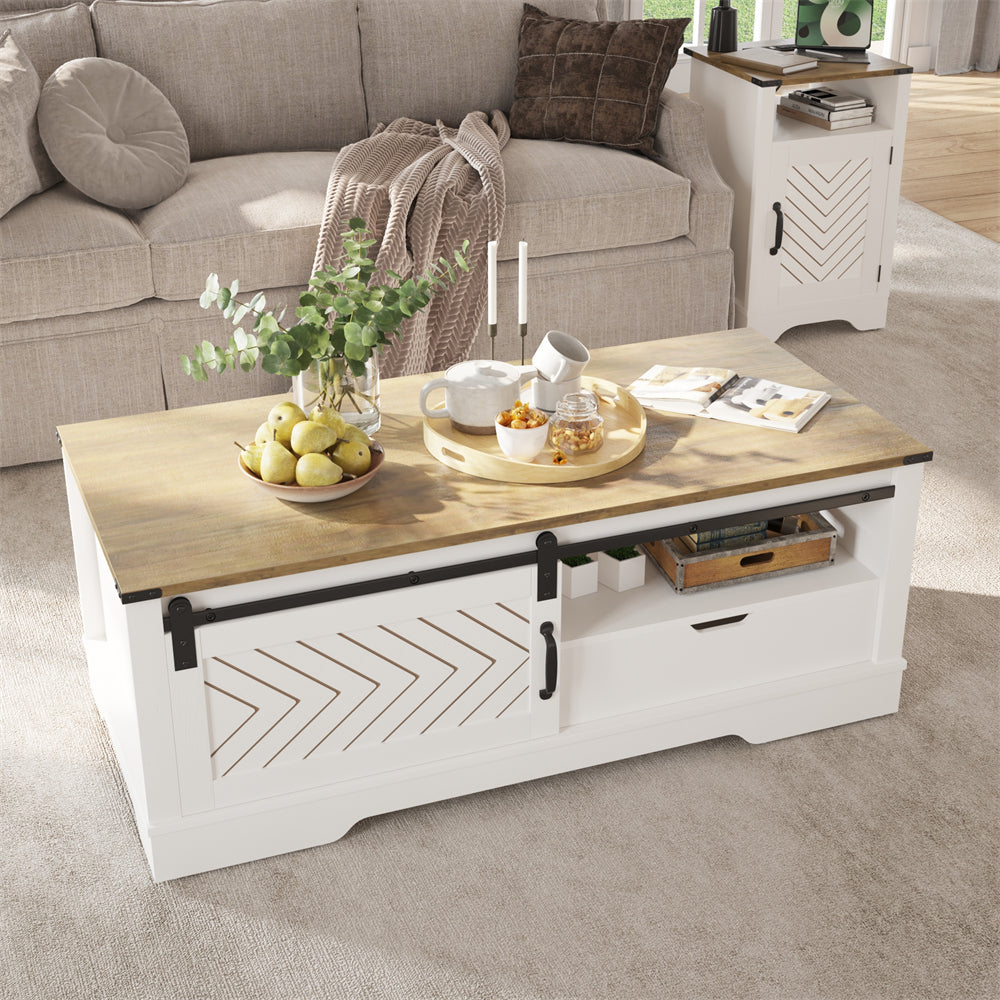 White Wood Coffee Table with Barn Door Storage and Modern Design