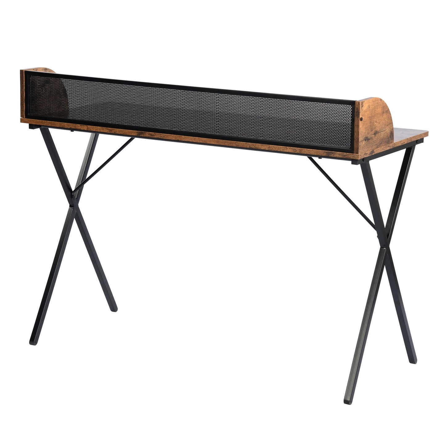 Sleek Black Computer Desk with X-Shaped Metal Legs and Spacious Work Surface