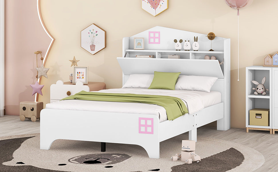 Wooden Twin Size House Bed with Storage Headboard ,Kids Bed with Storage Shelf, White