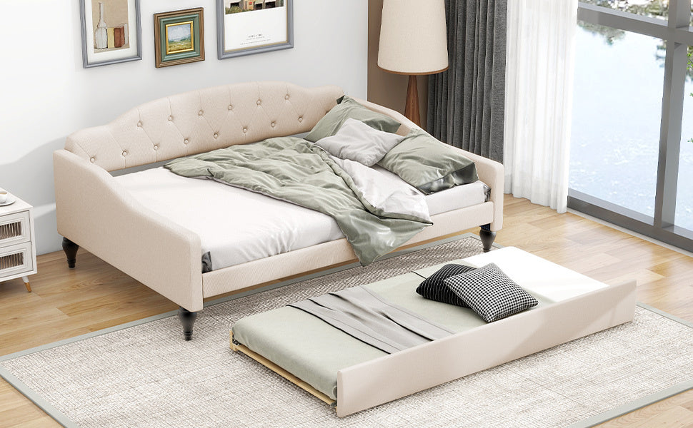 Full Size Upholstered Tufted Daybed with Twin Size Trundle, Beige