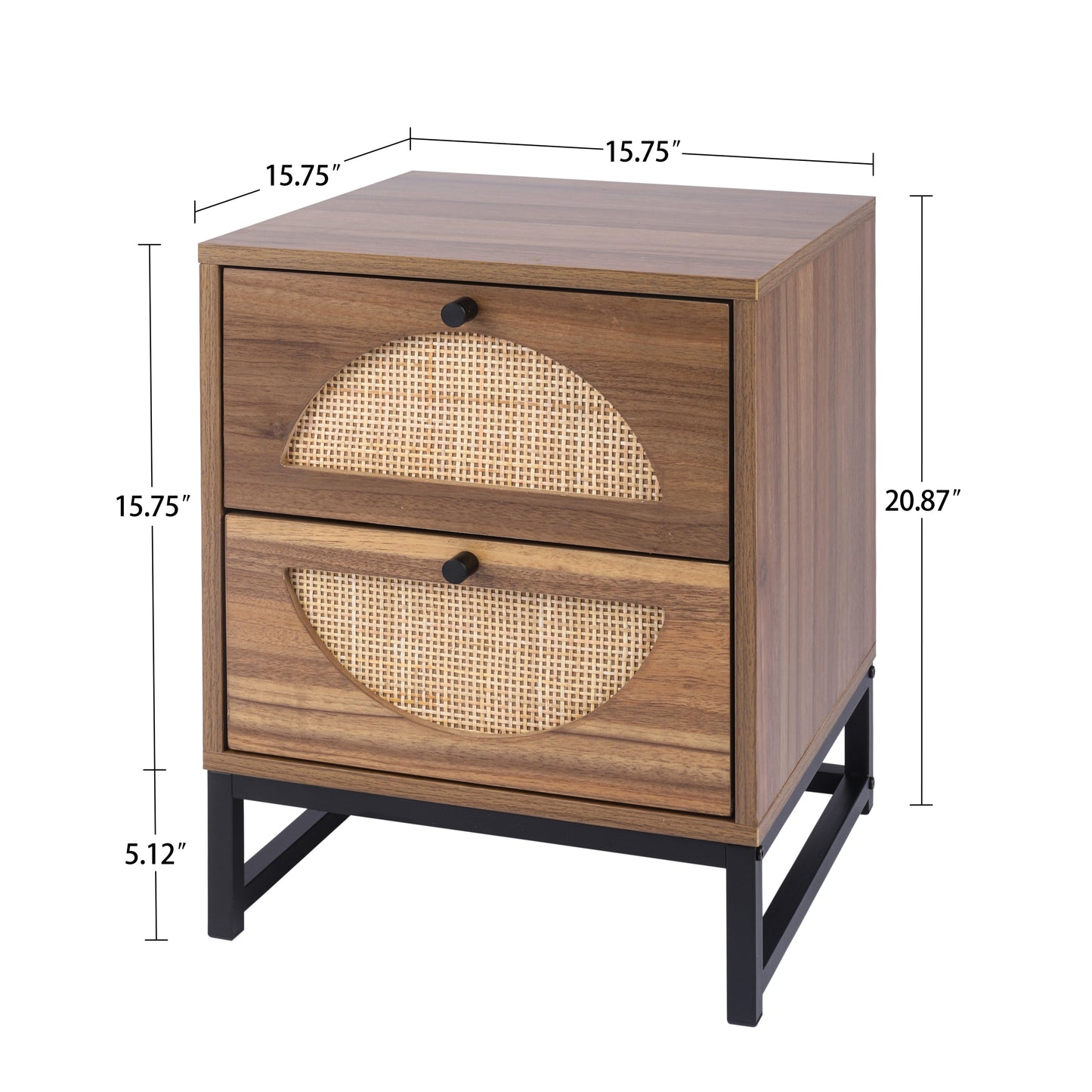 Rattan Nightstand Set of 2, Walnut End Table with 2 Natural Rattan Drawer & Metal Legs