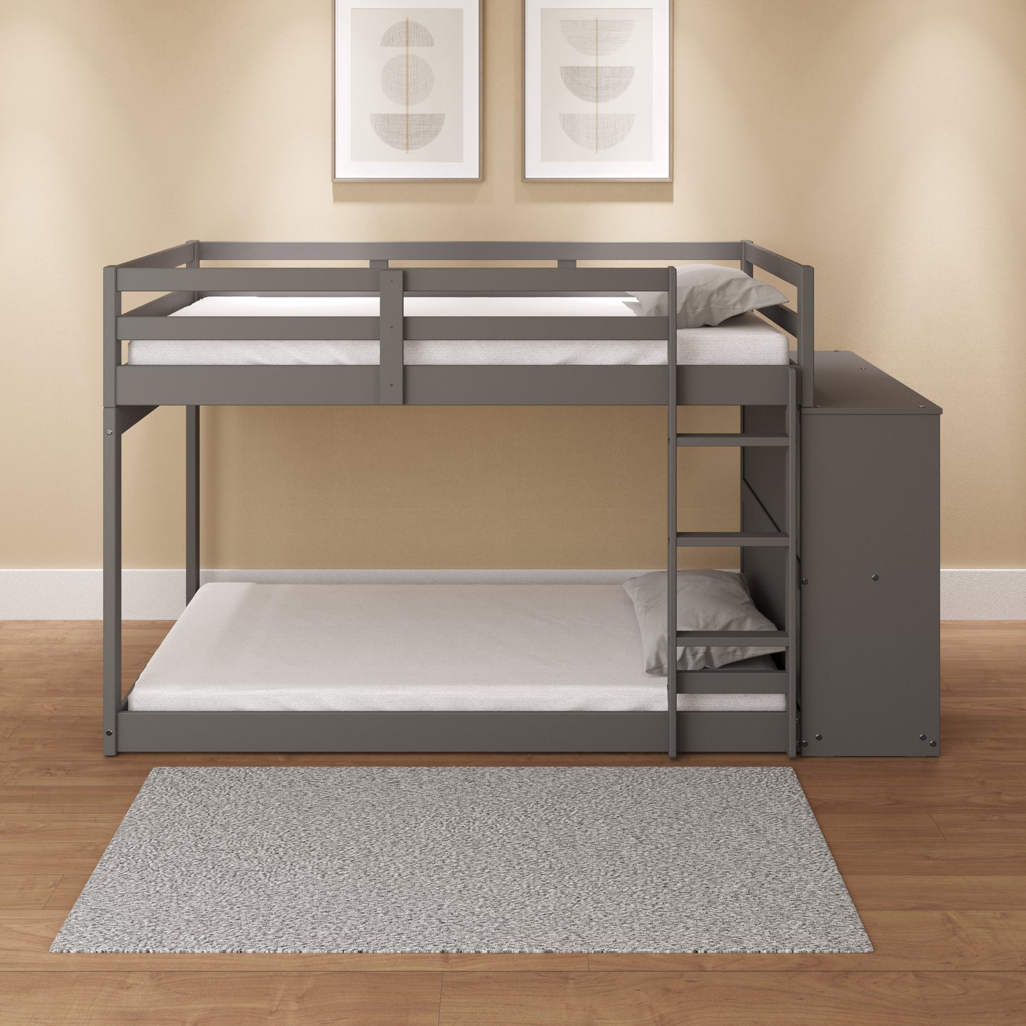 Gray Finish Twin Bunk Bed with Storage and Cabinet - Stylish and Functional Twin/Twin Bunk Bed