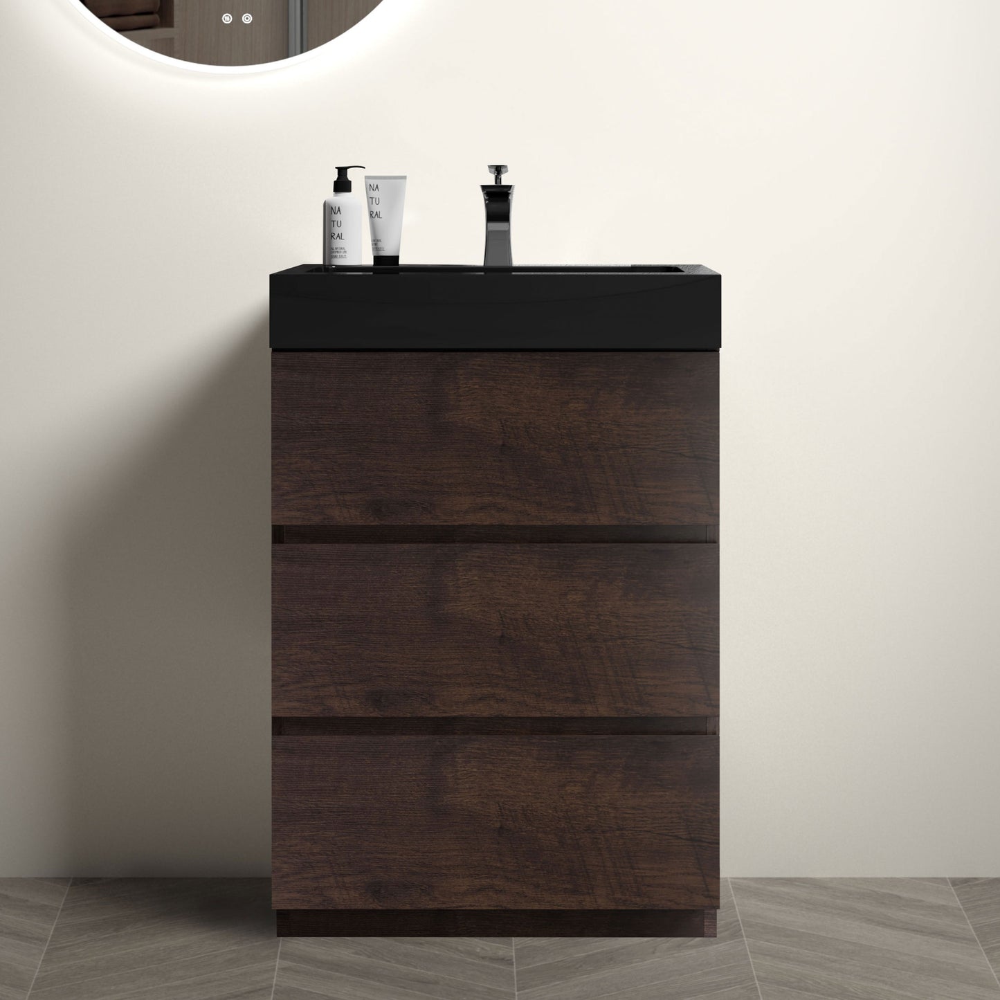 Alice-24F-105,Floor cabinet WITHOUT basin,Walnut color,With three drawers