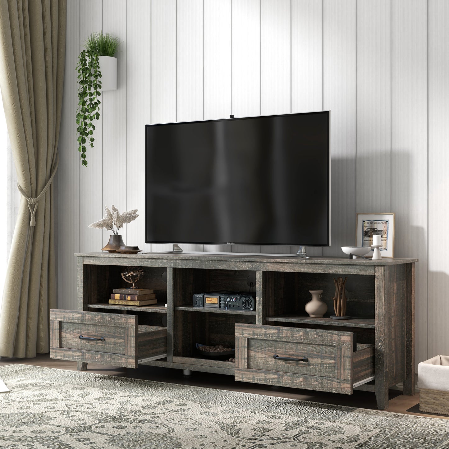 Black Pine TV Stand with 2 Drawers and Ample Storage Space for Living Room and Bedroom