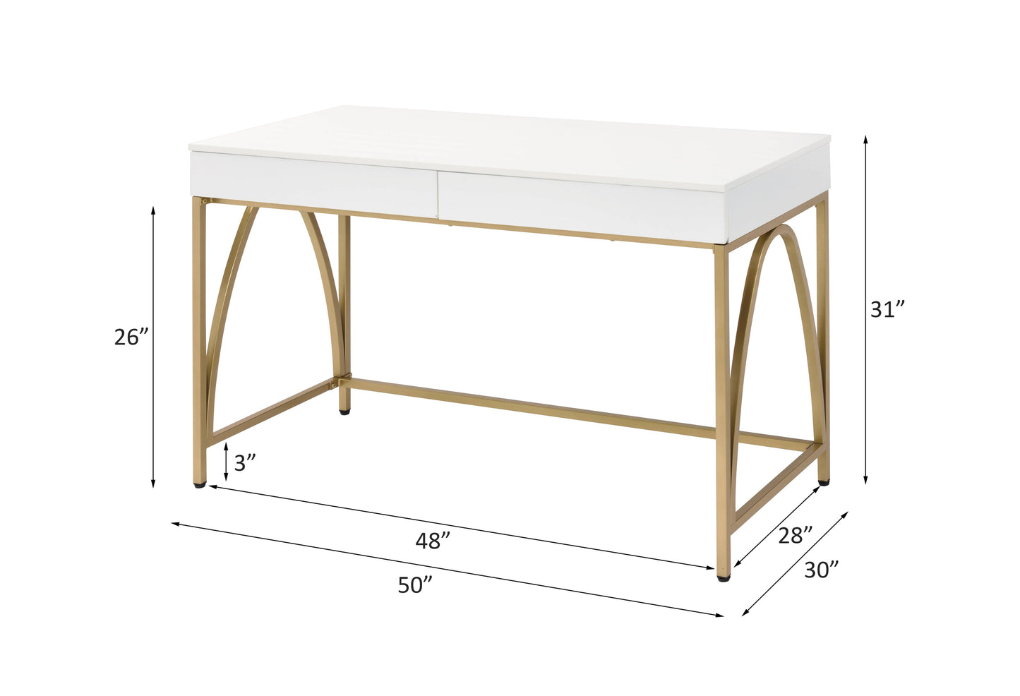 Sleek White and Gold Lightmane Desk with Drawers in High Gloss