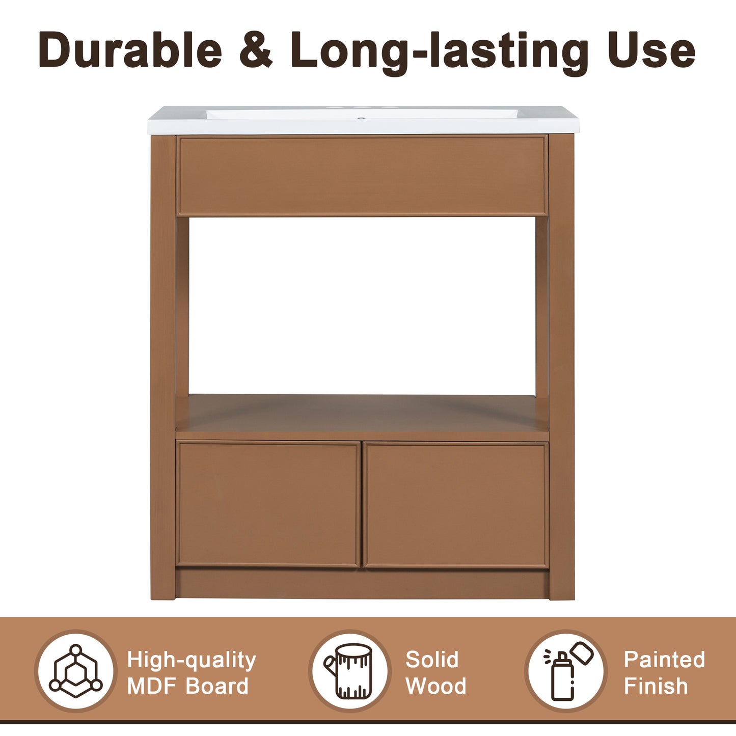 30" Bathroom Vanity without Sink Top, Cabinet Base Only, Open Storage Shelf and Two Drawers, Brown