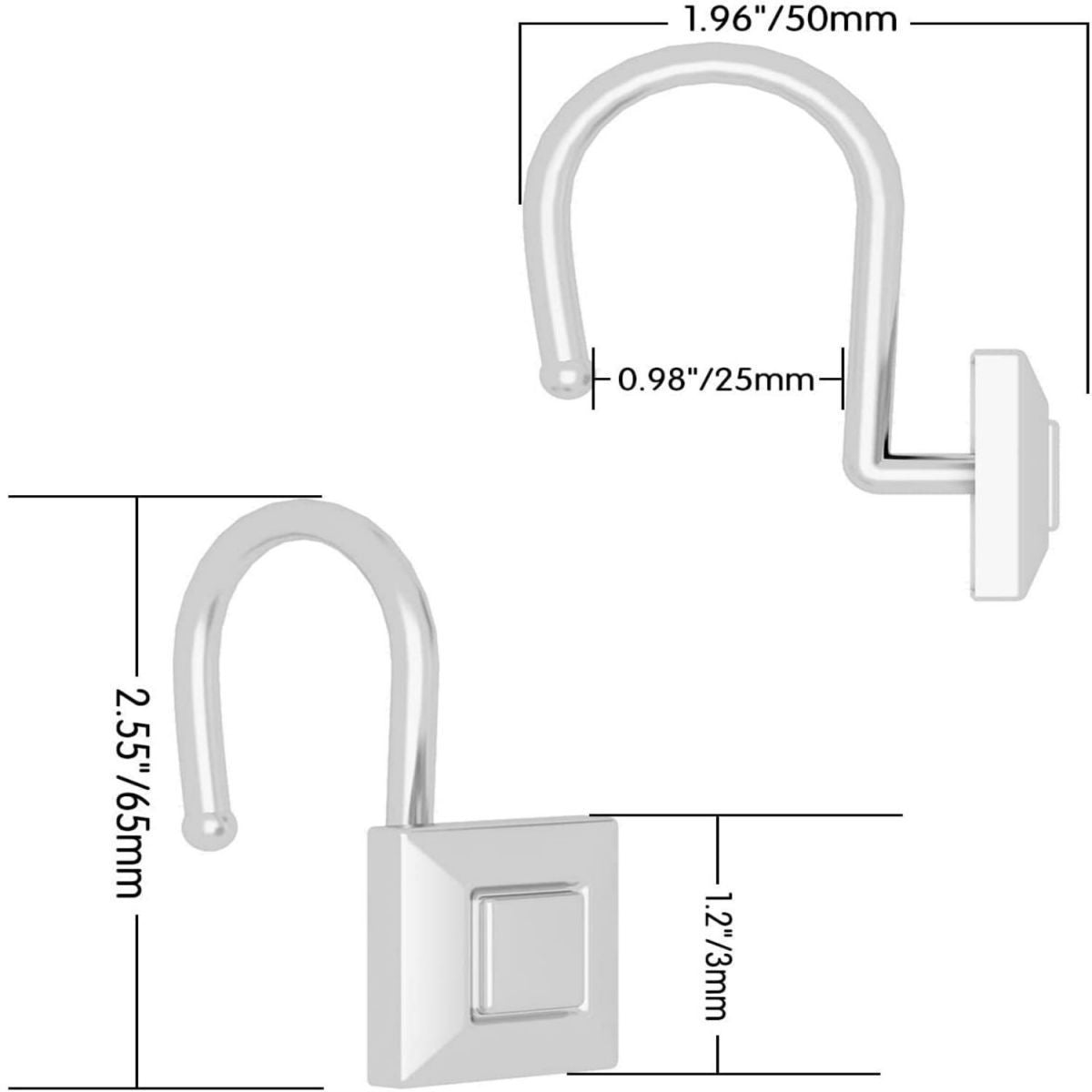 Elegant Set of 12 Silver Zinc Alloy Shower Curtain Hooks