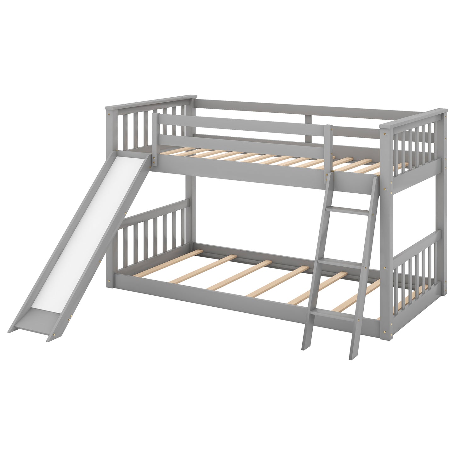 Gray Twin Bunk Bed with Removable Slide and Reversible Ladder