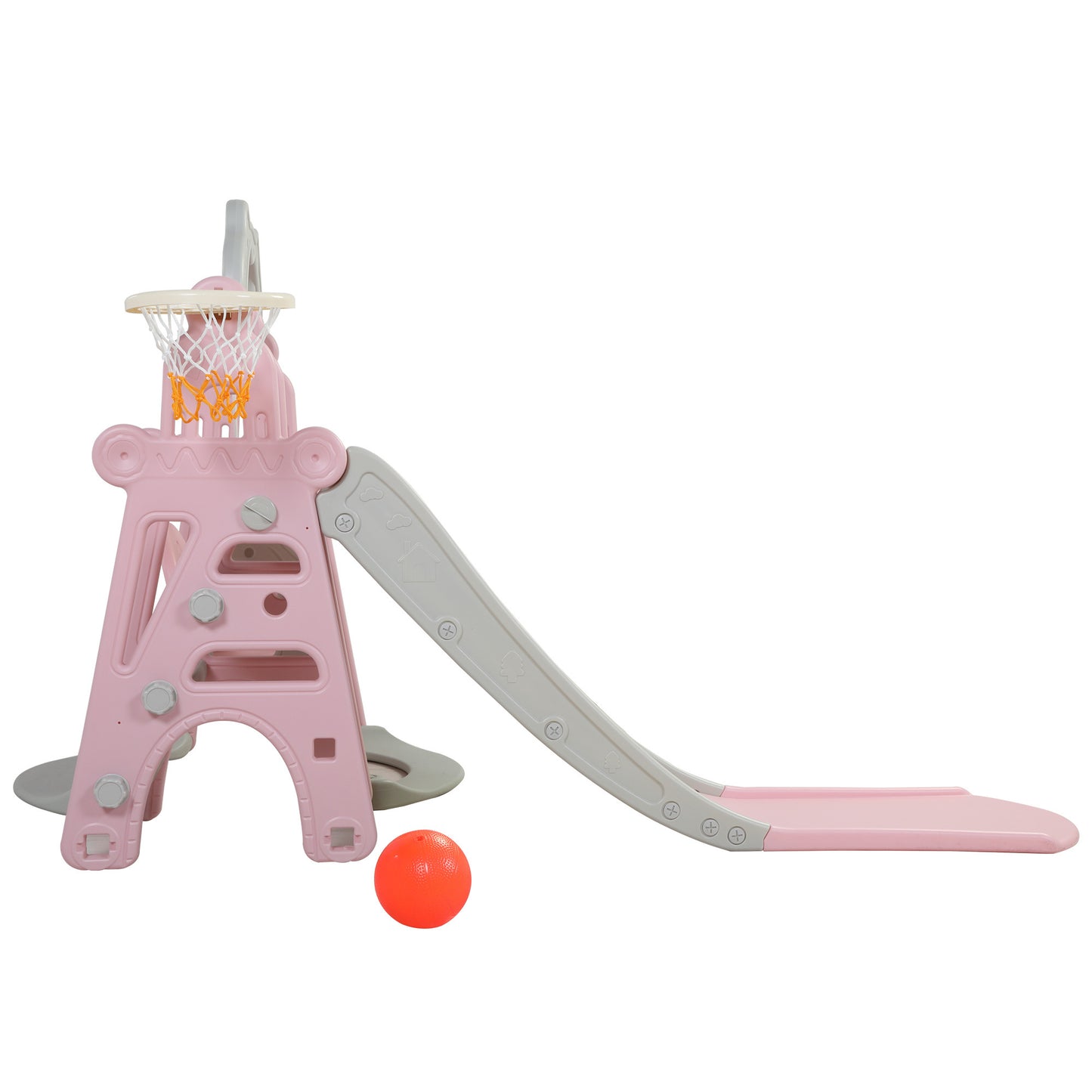 3-in-1 Kids Slide and Swing Set with Basketball Hoop, Indoor and Outdoor Activity Center in Pink and Gray