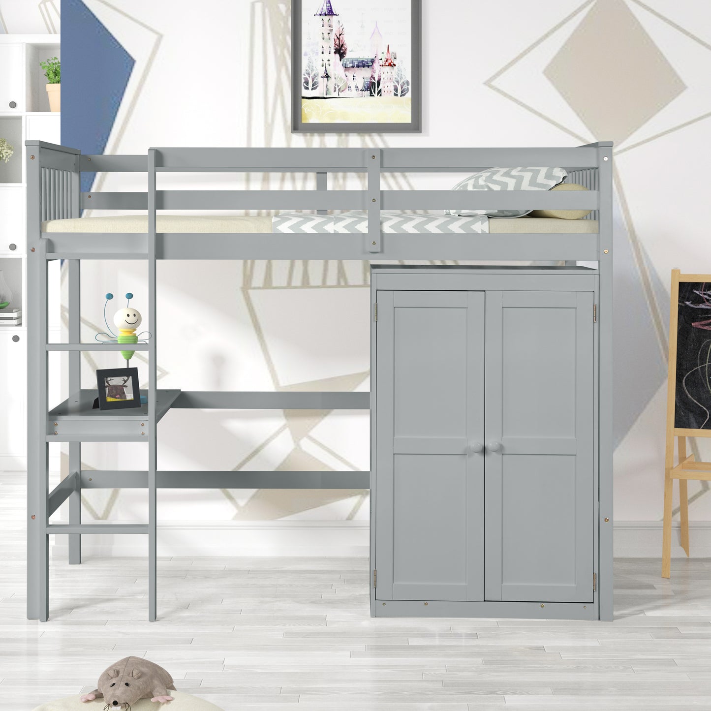 TWIN LOFT BED WITH DESK AND WARDROBE FOR GREY COLOR