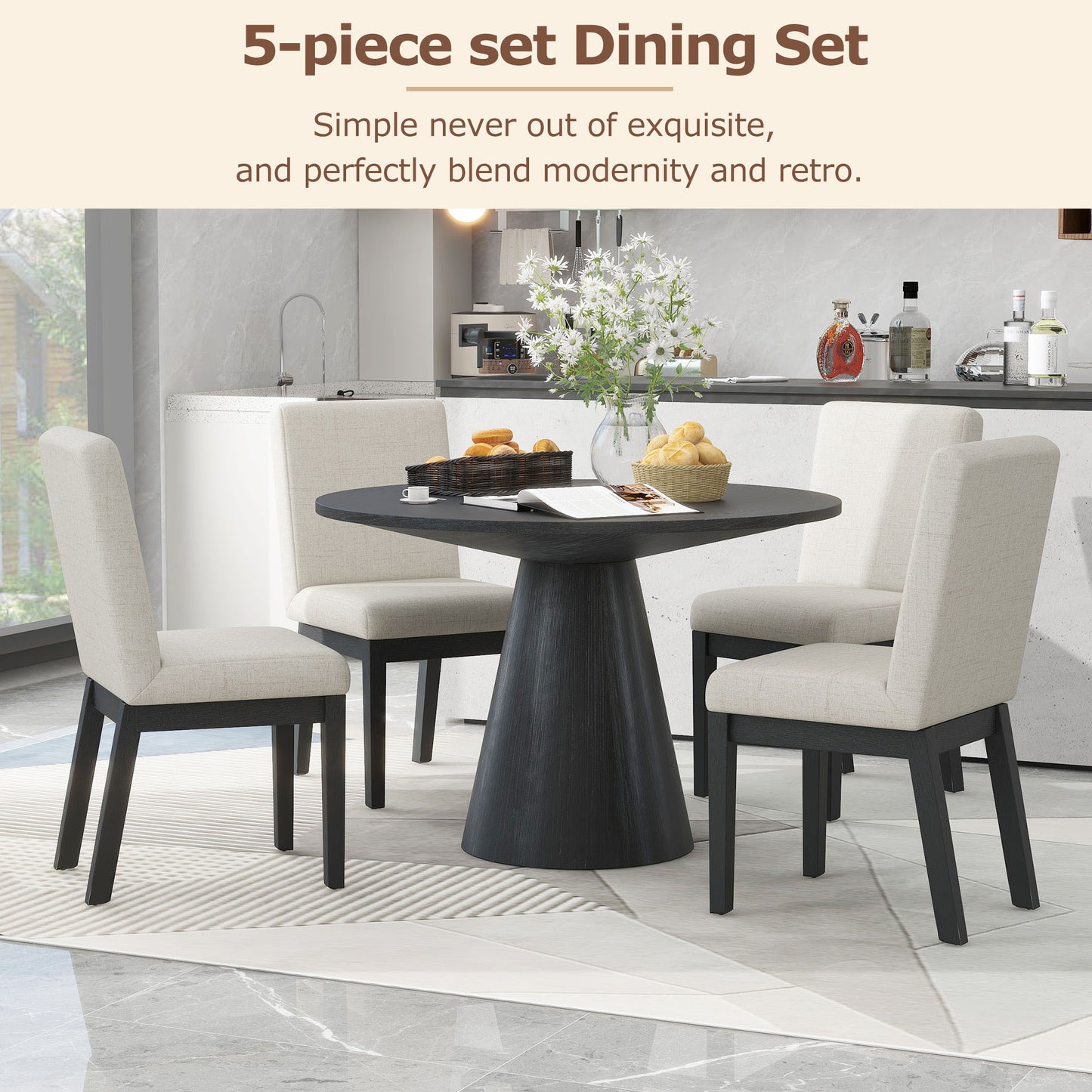 TREXM 5-piece Dining Set Retro Round Table with 4 Upholstered Chairs for Living Room, Dining Room (Black)