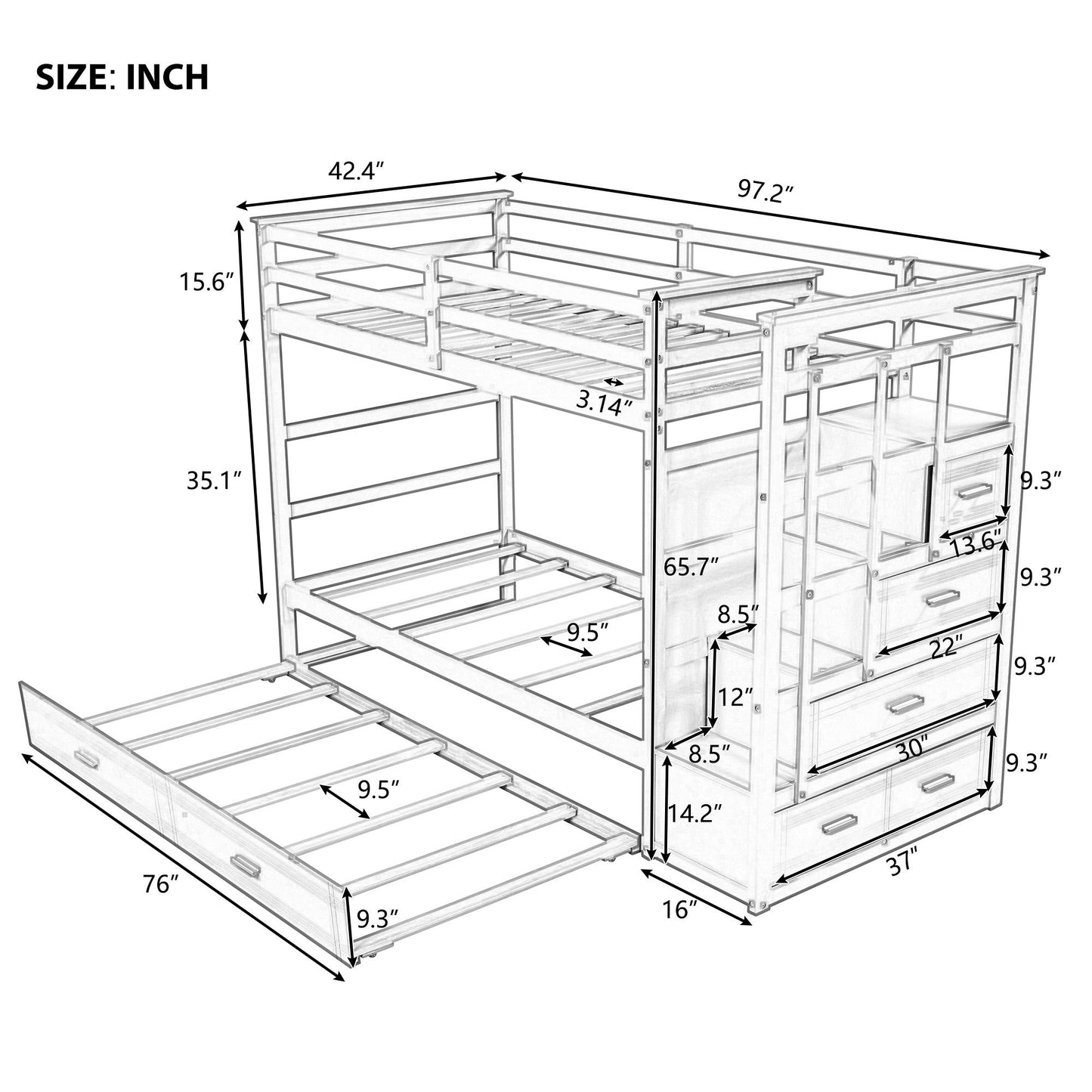 Stylish Espresso Wooden Twin Bunk Bed with Trundle and Staircase