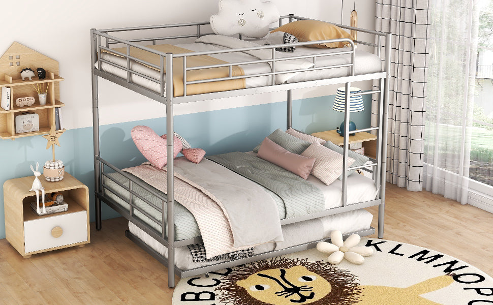 Silver Metal Full Over Full Bunk Bed Set with Trundle